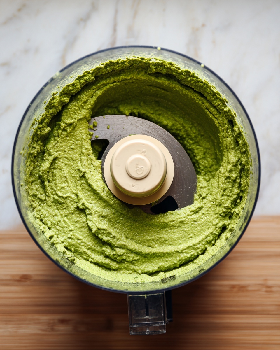 A clear plastic food processor bowl with a beige central blade holder is filled with a thick, vibrant green sauce that has a slightly rough texture. The sauce clings to the sides of the bowl, showing uneven splashes, while the bottom layer looks smooth and dense. The processor sits on a wooden surface with a white marbled texture visible in the front part of the image. Photo taken with an iphone --ar 4:5 --v 7