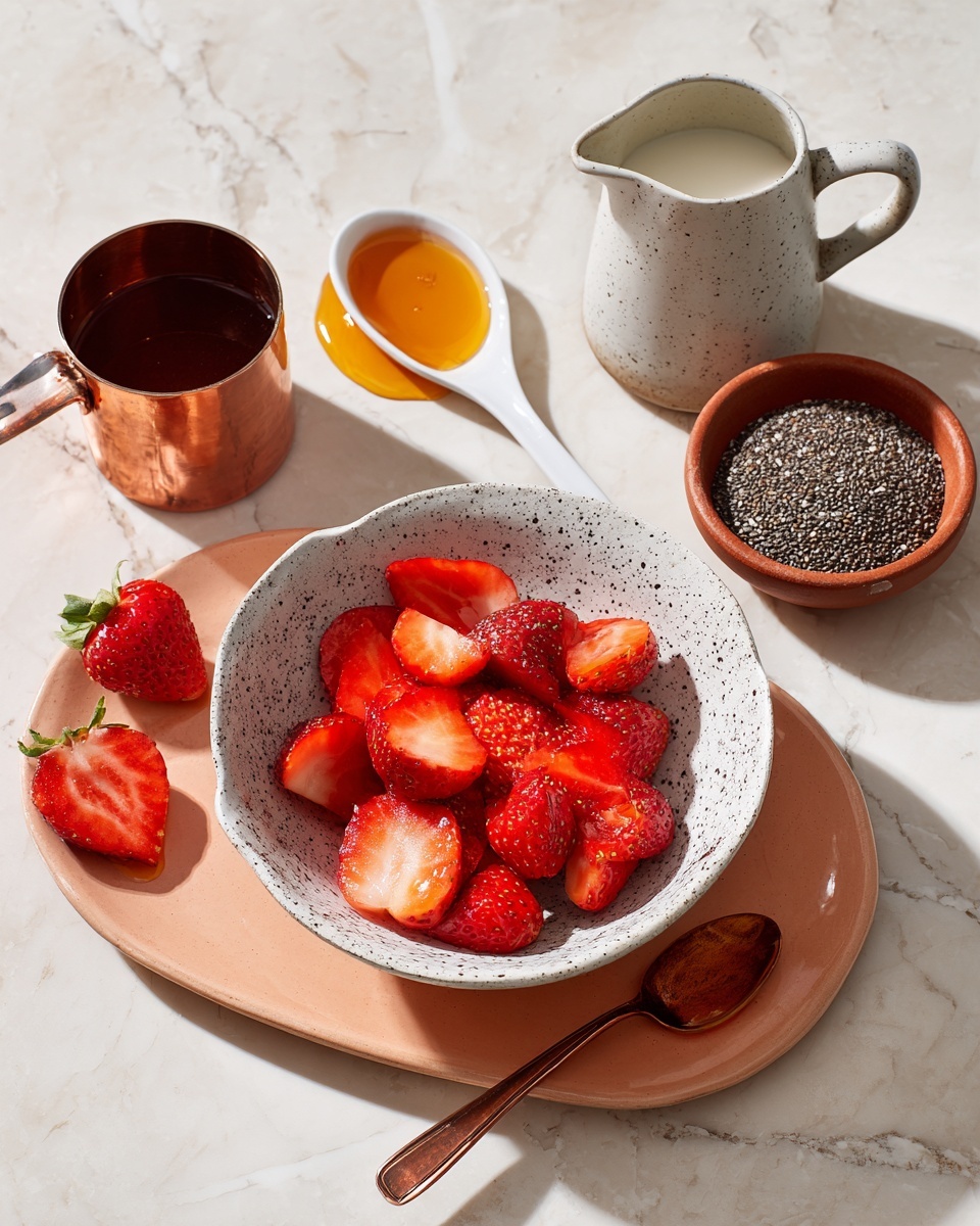 A white bowl with black speckles is filled with bright red, sliced strawberries, placed on a peach oval plate. On the plate next to the bowl, there is a copper measuring cup filled with dark syrup and a drop of golden honey near it. Above the plate, a white spoon holds some honey, with a strawberry half nearby. To the right of the plate, there is a small round terracotta bowl filled with small black chia seeds and a white speckled pitcher with milk. Several whole strawberries are scattered on a white marbled surface, which serves as the background. photo taken with an iphone --ar 4:5 --v 7