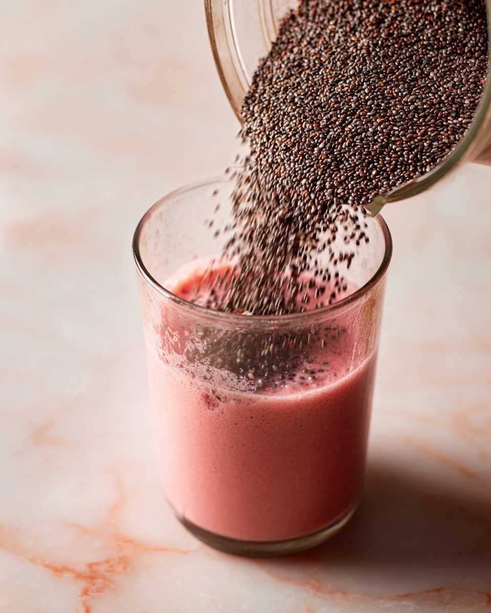 A clear blender container filled with a smooth pink liquid as the base layer, topped with a thick, dense layer of small dark brown chia seeds being poured in from the top right corner, with the seeds falling in motion creating a textured contrast against the smooth liquid. The blender is on a white marbled surface with soft lighting highlighting the pink and dark tones. Photo taken with an iphone --ar 4:5 --v 7