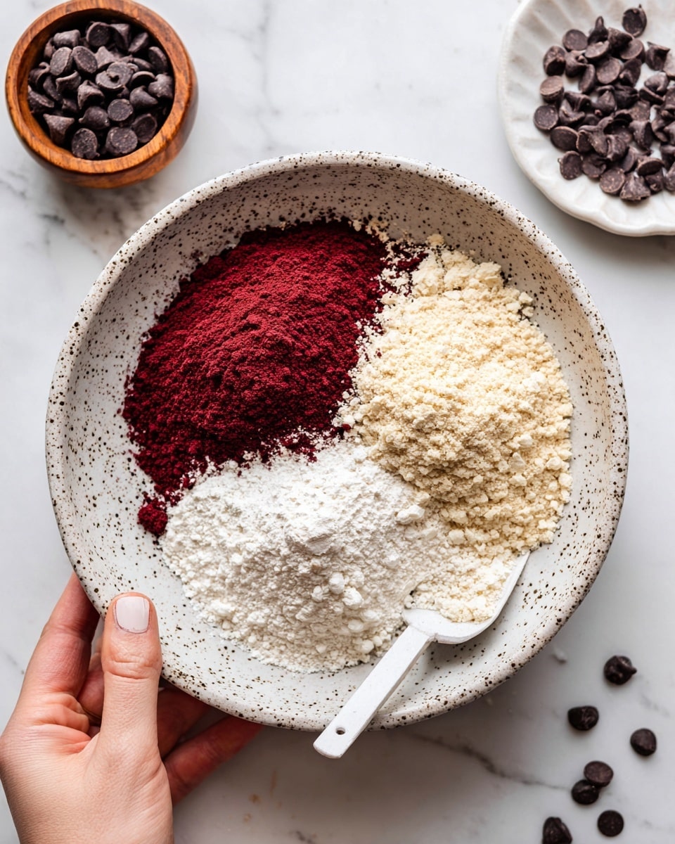 A white bowl with black speckles holds three separate layers of powdery ingredients: deep red cocoa powder on the top left, light beige almond flour on the right, and bright white powdered sugar at the bottom left. A white spatula rests inside the bowl, partly buried in the almond flour layer. A woman's hand is holding the bowl at the bottom left corner. Around the bowl on a white marbled surface are scattered dark brown chocolate chips in a small wooden bowl to the left, and a white plate with some chocolate chips on the upper right. The overall look is clean and colorful with a focus on the powders and chocolate chips. photo taken with an iphone --ar 4:5 --v 7