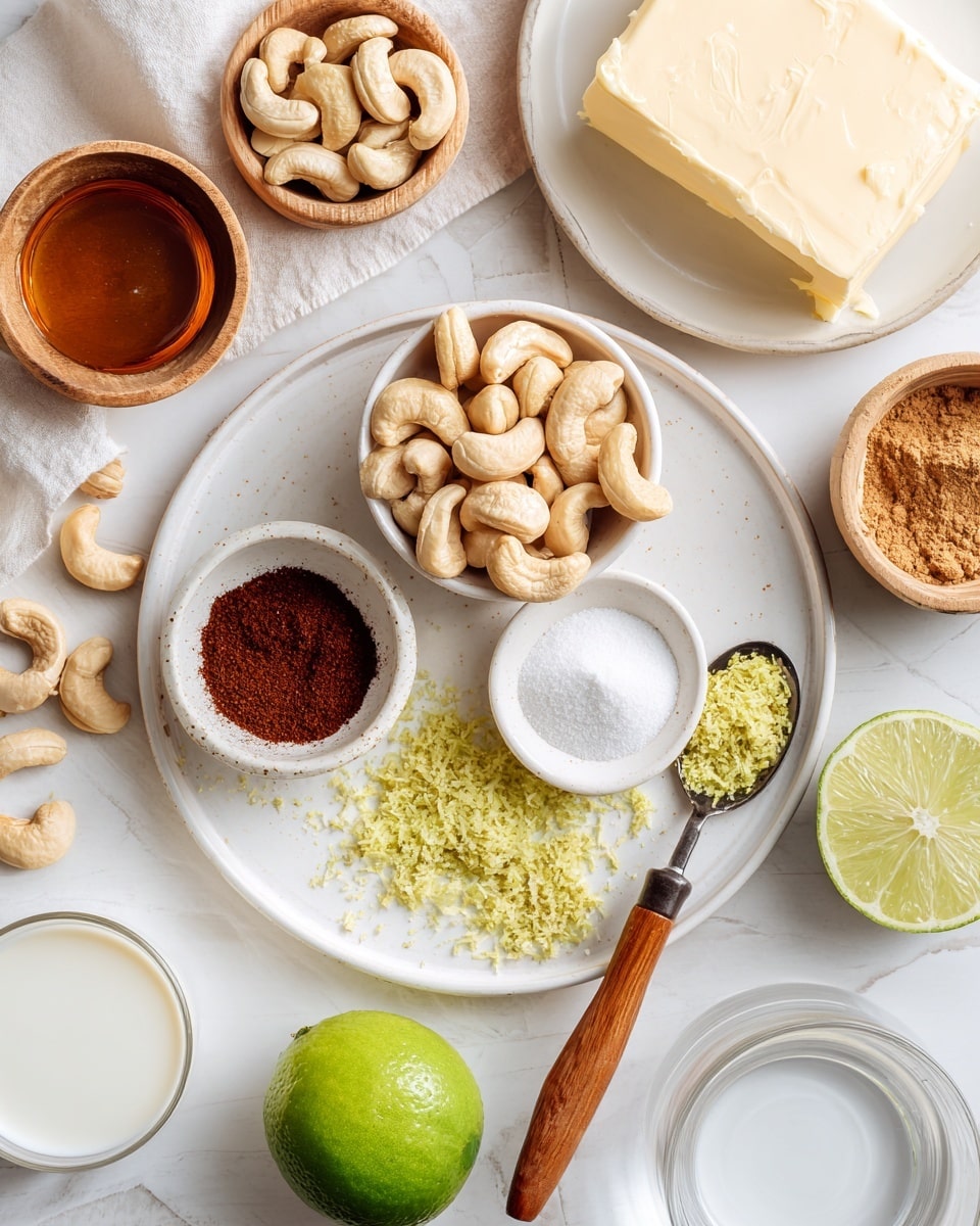 The image shows a white plate on a white marbled surface with several small bowls and ingredients arranged around it. On the plate, there is a bowl full of light brown cashews, a small wooden bowl with a white powder, and a small white bowl holding a dark reddish-brown spice powder. On the plate, there is also a metal spoon with a wooden handle filled with bright green lime zest, with some zest scattered nearby. Half of a green lime sits next to the wooden bowl. Around the plate are more ingredients including a block of cream-colored butter on a white plate, a small white spoon with honey, another white spoon with salt, some brown sugar in a bowl, a glass of water, and a bowl of white cream. The everything sits on a clean white marbled surface. photo taken with an iphone --ar 4:5 --v 7