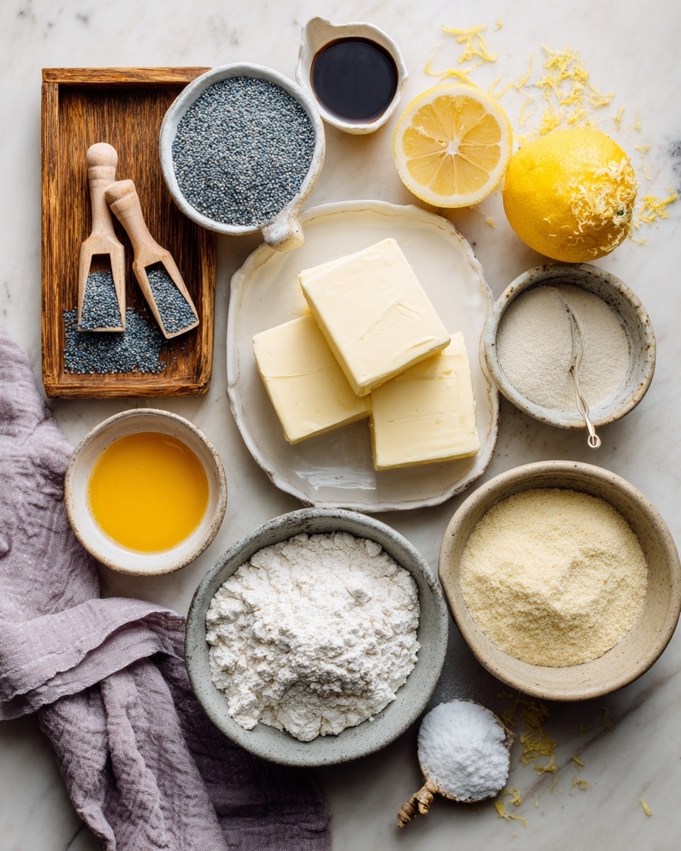 The image shows an overhead view of various baking ingredients arranged on a white marbled surface. On the left, a small wooden tray holds a small white bowl filled with blue-gray poppy seeds, two wooden measuring spoons with white powder ingredients, a tiny dark brown cup with vanilla extract, and a small yellow bowl with light orange applesauce. To the right, a white plate holds two rectangular blocks of cream-colored butter, and halfway above it sits a half-cut yellow lemon. A large gray bowl filled with white flour sits near the bottom center, and to its right, a beige bowl contains light tan almond flour. At the top right corner, a white bowl with granulated sugar, a lemon zester with yellow zest, and part of a light purple cloth napkin appear. The photo taken with an iphone --ar 4:5 --v 7