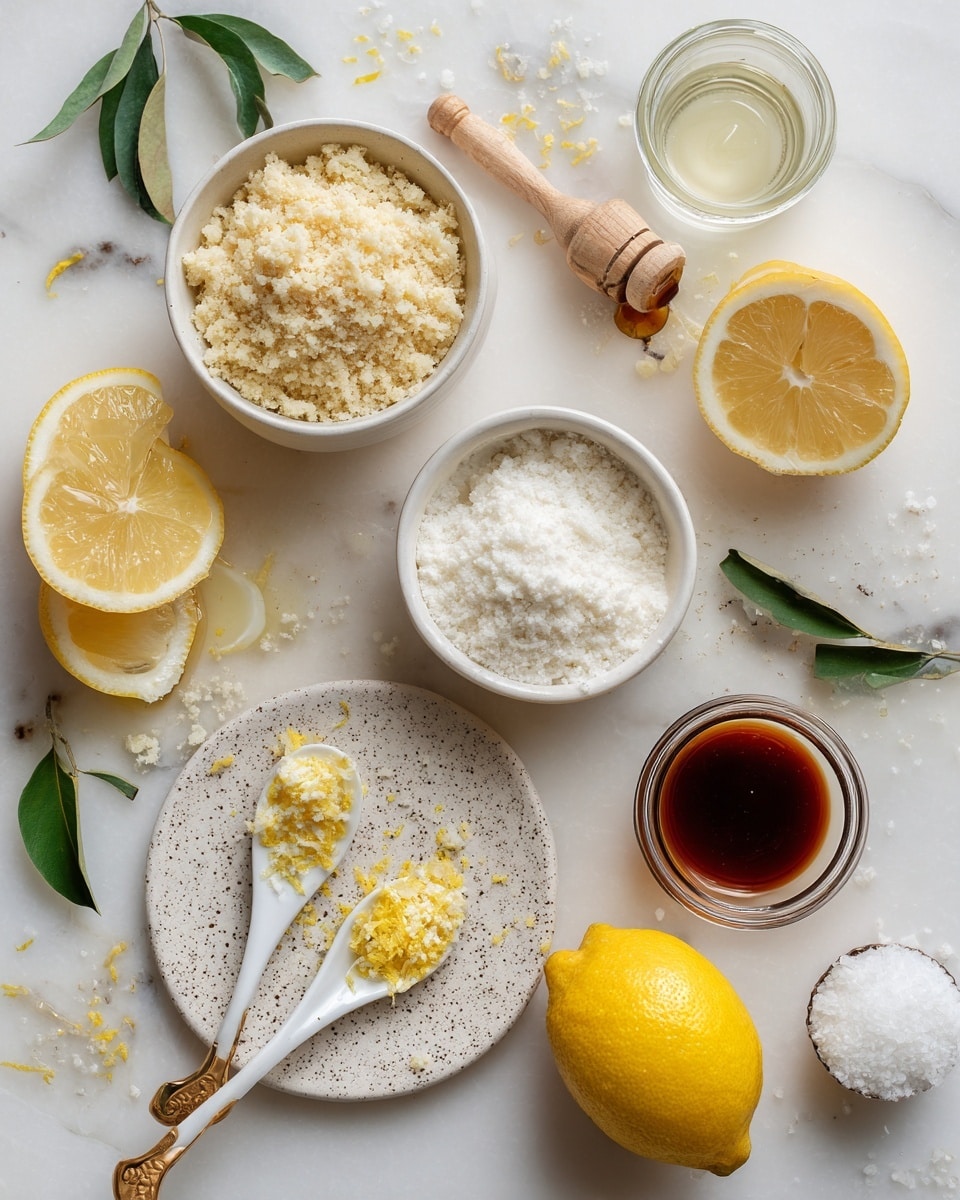 The image shows several small white dishes and spoons on a white marbled surface. One bowl is filled with a light brown crumbly mixture, another bowl has white powder, and a separate smaller bowl has glossy amber liquid. There are three lemon halves placed around the bowls, showing bright yellow skin and juicy pulp. On a speckled white plate, there is a small pile of white powder on a white spoon, a small amount of grated yellow zest on a golden spoon, and a darker brown juice or sauce in another small bowl. Nearby, a wooden lemon squeezer and a small jar of clear liquid sit casually, with a few green leaves scattered for decoration. The overall look is clean, fresh, and minimal. Photo taken with an iphone --ar 4:5 --v 7