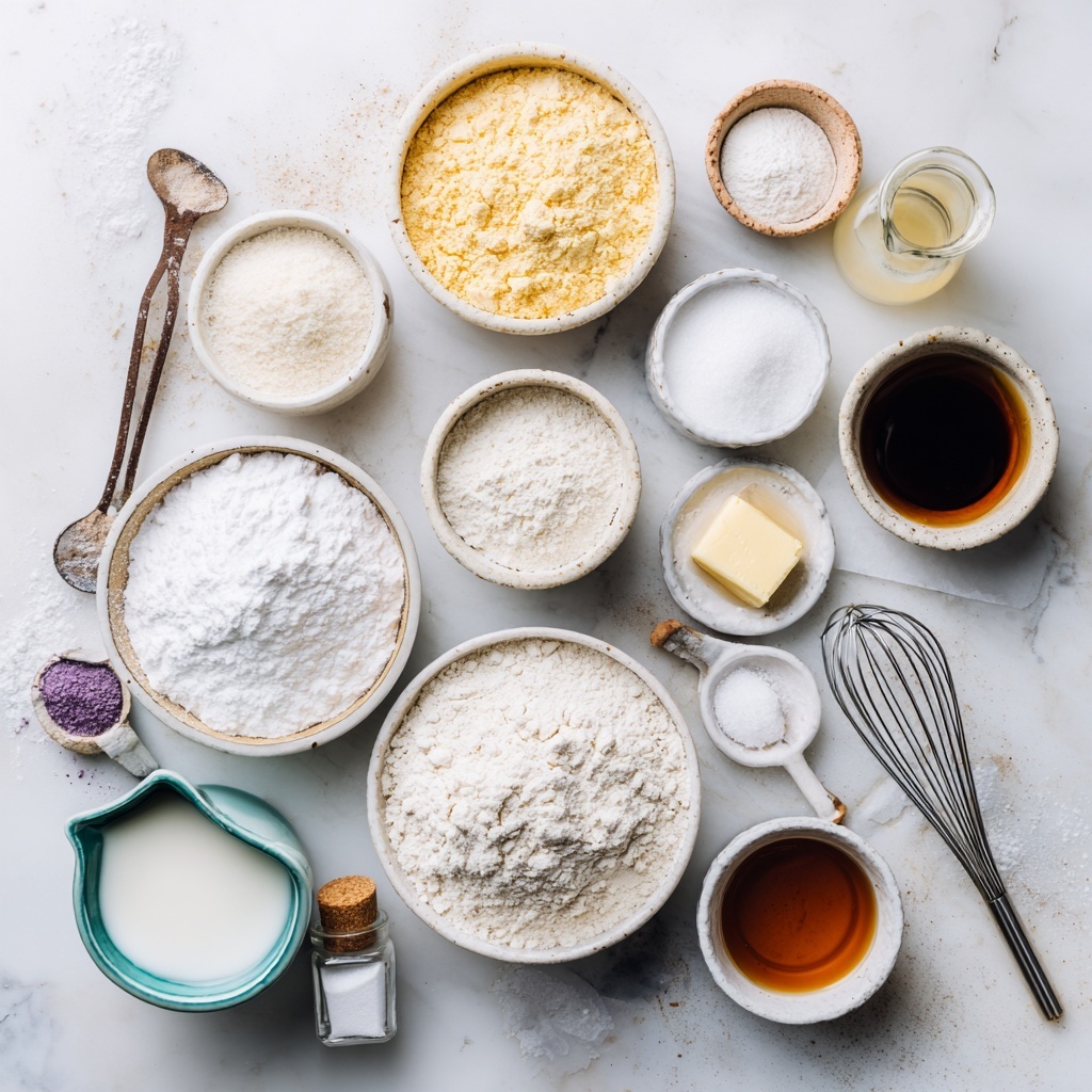 A clear glass bowl with a creamy light yellow mixture and granulated sugar on top, with a metal whisk partially visible on the right side in the first image; in the second image, the bowl contains a smooth, pale yellow creamy blend being mixed by a metal whisk; the third image shows the same bowl with white flour on top of the creamy mixture, and the metal whisk again visible; the fourth image shows a thicker, beige dough-like mixture in the bowl, with a wooden spoon resting inside, all placed on a white marbled surface photo taken with an iphone --ar 4:5 --v 7