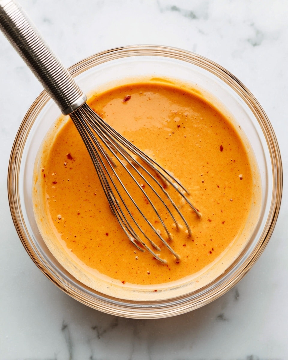 A white tray filled with a colorful salad layered with green lettuce at the base, followed by slices of bright orange mango and shredded purple cabbage scattered across. There are also thin orange carrot ribbons, fresh green cilantro leaves, and crunchy peanuts sprinkled on top. Large pieces of browned, crispy textured tofu or tempeh are spread evenly, drizzled with a creamy orange sauce. To the side of the tray is a small white bowl of extra sauce with red chili flakes on top. Two wooden spoons are seen mixing the salad, held by a woman's hands over a white marbled surface. Photo taken with an iphone --ar 4:5 --v 7