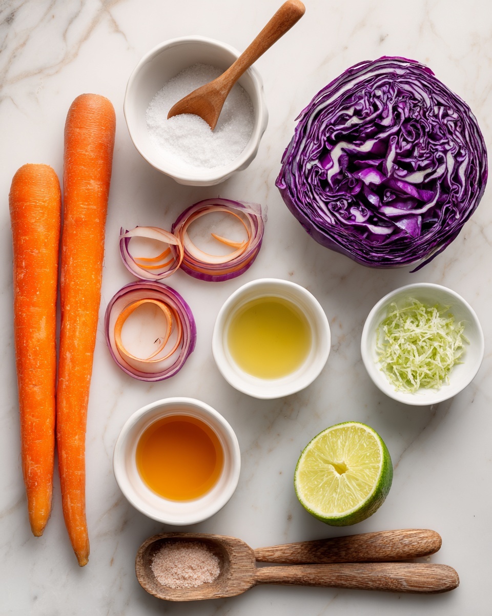 The image shows a neat arrangement of ingredients on a white marbled surface. On the left side, there is a whole bright orange carrot with two curly carrot peelings next to it. Next to the carrot, there is a small pile of purple cabbage thinly sliced with white veins visible in the layers. To the right, there is half a red onion, flat side down, showing its purple and white rings. Above the vegetables, three small white bowls are placed in a loose row: the left bowl has a wooden spoon resting in it with white salt, the middle bowl contains a golden yellow liquid, and the right bowl has shredded green lime zest. Below these bowls, there is a white bowl with amber liquid, and next to it, a round half lime with bright green flesh is sitting flat. Two wooden measuring spoons with brown and pale garlic powders rest horizontally in front of the vegetables, with their handles pointing to the right. photo taken with an iphone --ar 4:5 --v 7