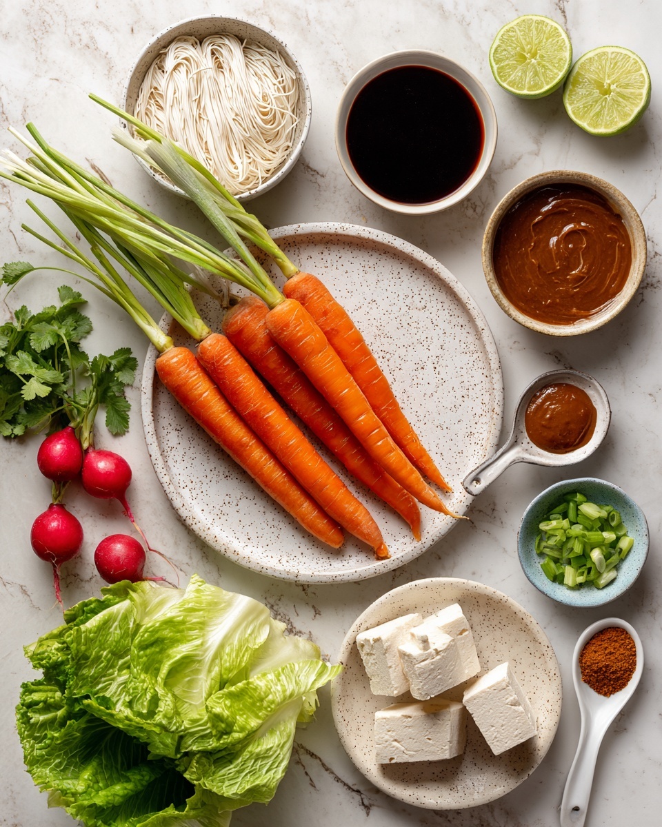 The image shows a collection of fresh ingredients placed on white marbled surface. There are four long, bright orange carrots with green tops placed diagonally on a white plate with light brown speckles. Around the plate, there are red radishes with root tails, a few lime wedges, and small white bowls filled with chopped green onions, tofu cubes, and cooked white noodles. To the upper right, three small white ceramic spoons hold different sauces: one golden, one bright red, and one creamy brown sauce, all on a white speckled plate. At the top right corner, there is a larger bowl with a smooth, light brown creamy dip. The scene is colorful with fresh greens, reds, orange, and white, arranged neatly and visually appealing. photo taken with an iphone --ar 4:5 --v 7