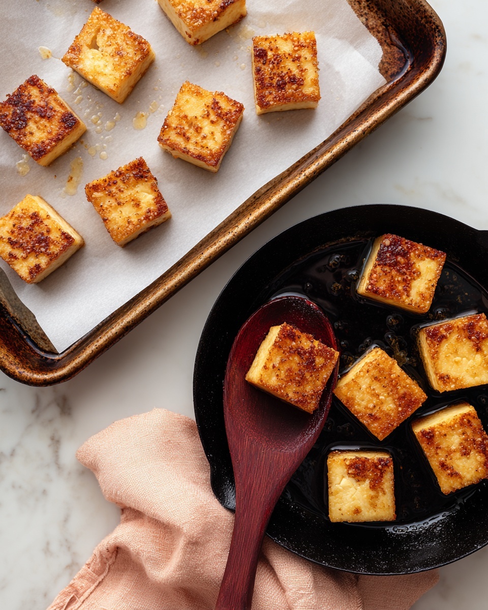 The image shows golden brown tofu cubes with crispy edges arranged in two places: seven cubes rest evenly spaced on white paper lining a baking tray at the top left, and eight cubes sit in a black cast iron pan at the bottom right, some slightly glossy from oil. A wooden spoon with a dark reddish handle holds one cube in the pan, and a soft peach-colored cloth is partially visible near the tray. The background is a white marbled surface photo taken with an iphone --ar 4:5 --v 7