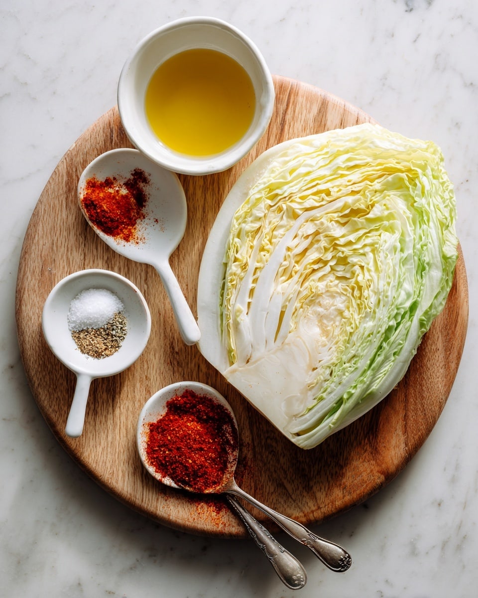 A white plate shows a wooden round board with a large wedge of pale green and white cabbage resting on the left side. On the board, there are three spoons with spices: a white spoon holding light gray ground pepper, a small silver spoon with coarse white salt, and another white spoon dipped into a small white bowl filled with bright red chili powder. To the top left of the board, there is a white bowl filled with golden olive oil. The whole setup is on a white marbled surface. photo taken with an iphone --ar 4:5 --v 7