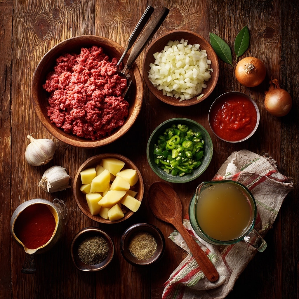 A white round plate on a white marbled surface holds three main layers: on the left, a thick layer of cooked minced meat mixed with yellow potato chunks and green bits, all in a reddish-brown sauce with a slightly shiny texture; on the right, a generous portion of white rice sprinkled with small green herbs; next to the rice, two light beige folded tortillas lean against the rice. A silver fork with a dark wooden handle rests on the left edge of the plate. There is a soft brown cloth napkin under the fork and some scattered green herbs nearby. Photo taken with an iphone --ar 4:5 --v 7