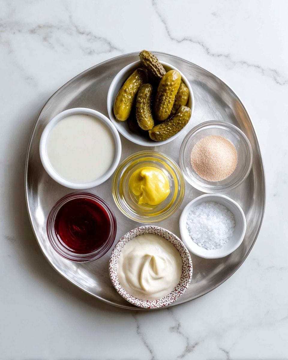 A metal tray holds seven small white bowls and dishes neatly arranged on a white marbled surface. The top left bowl contains a smooth white liquid, and to its right is a small white bowl with several whole pickles that are greenish-brown with a bumpy texture. Below the pickles is a small clear bowl with a dollop of yellow mustard. Below the white liquid bowl is a small clear bowl filled with a dark red sauce. Next to it, in the center, is a small patterned bowl with a creamy white sauce. On the top right corner is a small clear bowl holding two powders, one light yellow and one pinkish. Finally, to the right center is a small white bowl with large white salt grains. The tray and bowls are arranged symmetrically, the whole scene bright and clear, on a white marbled surface. photo taken with an iphone --ar 4:5 --v 7
