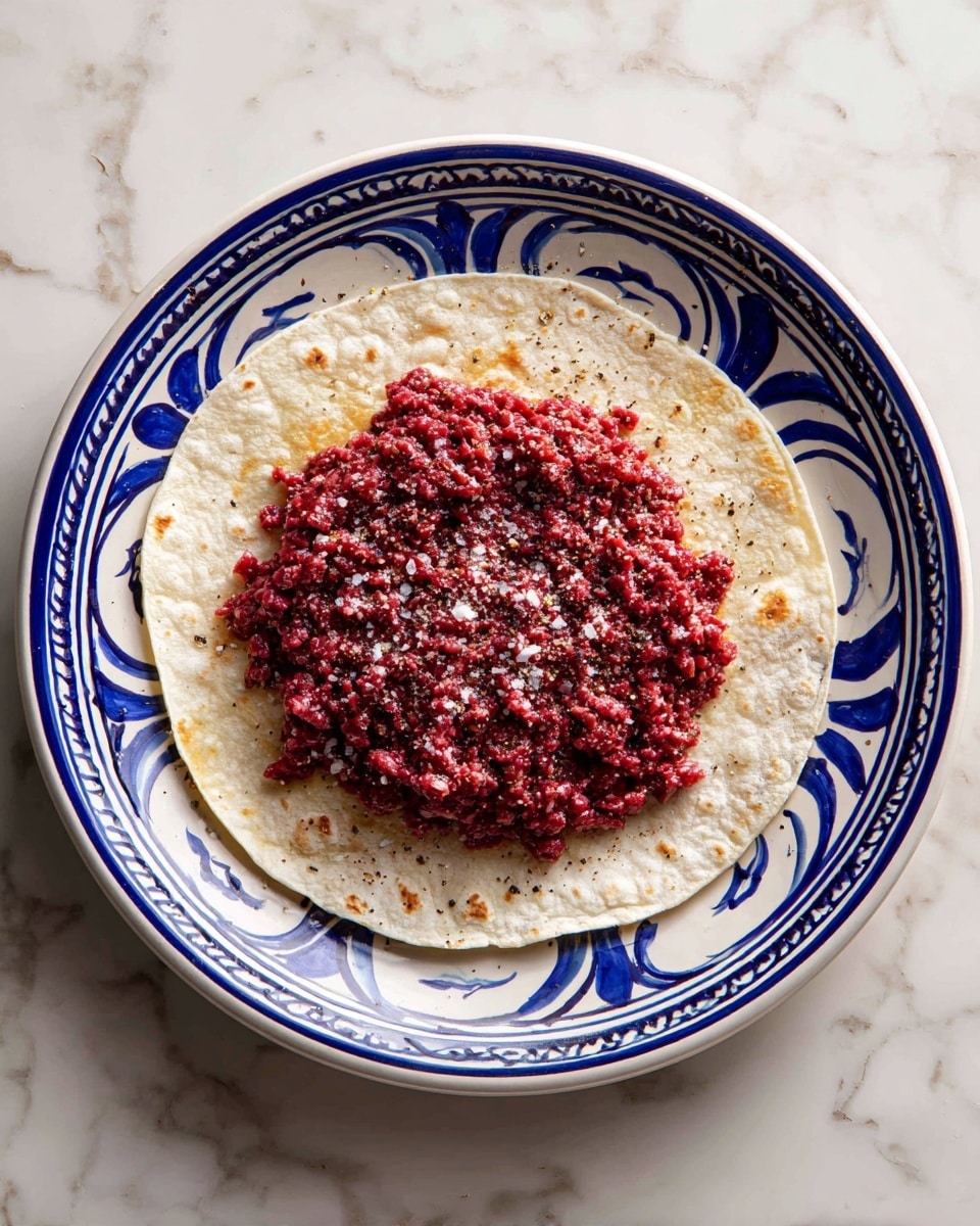 A round flat tortilla sits in the middle of a white plate with blue swirly patterns. On top of the tortilla, there is a spread of raw ground meat that covers almost the entire surface, showing a deep red color mixed with some white fat bits. The meat has been pressed flat and evenly across the tortilla, with black pepper and some coarse salt sprinkled on top. The whole scene is set against a white marbled background. photo taken with an iphone --ar 4:5 --v 7