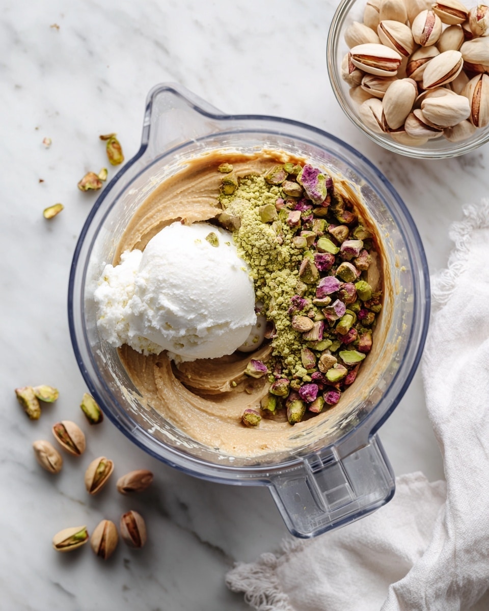The image shows four rectangular bars with three visible layers. The bottom layer is dark brown and smooth, the middle layer is thick and yellow with a dense texture, and the top layer is dark brown chocolate-like, glossy, and smooth. Two bars have a white drizzle pattern on top that looks like thin lines and swirls, while the other two bars have roughly chopped green pistachios sprinkled on top. The bars are placed on a white marbled surface along with whole and halved pistachio nuts scattered around. One bar is slightly raised and leaning on another, showing the clear separation of layers. Photo taken with an iphone --ar 4:5 --v 7