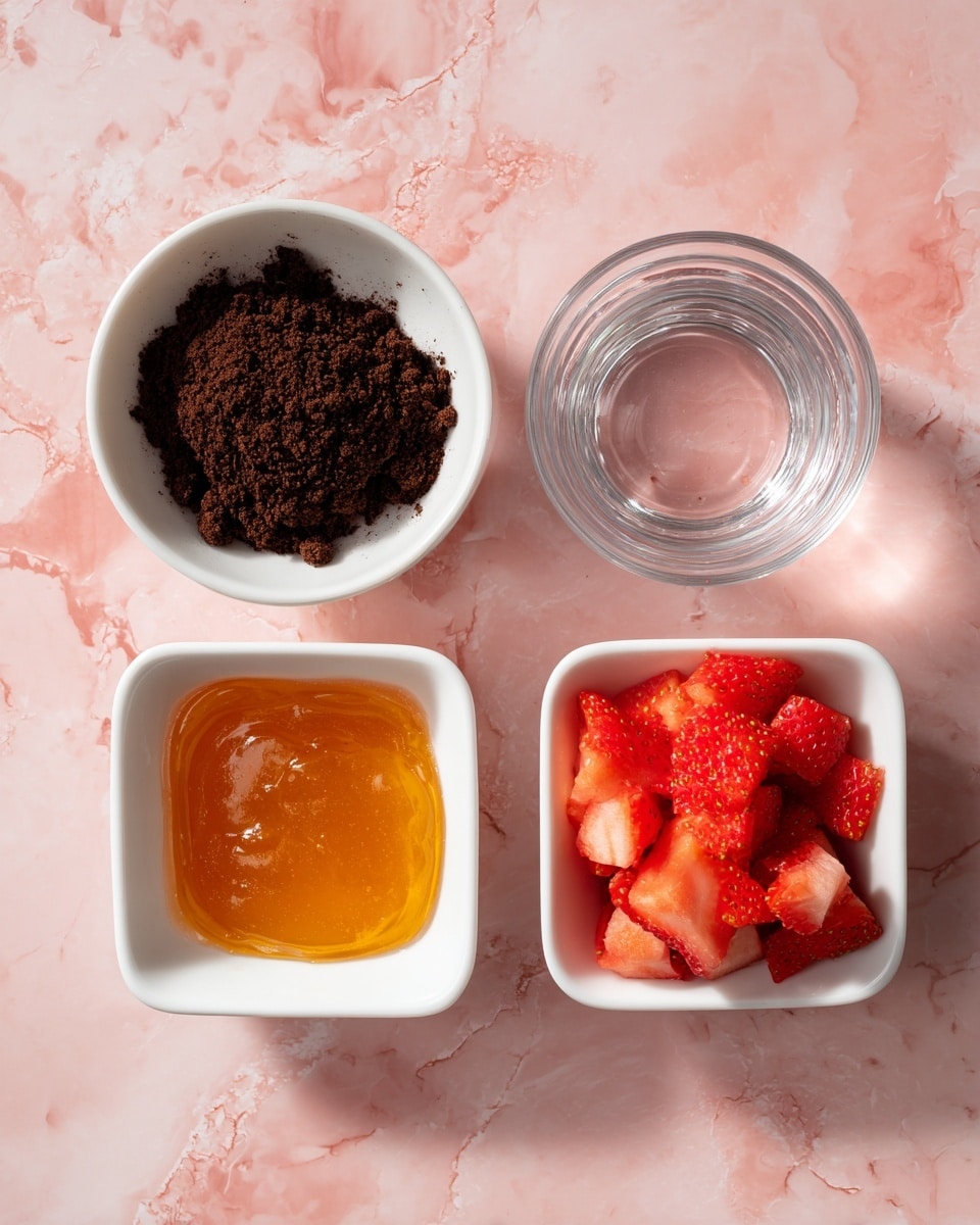 The image shows four white dishes and a clear glass cup on a pink marbled surface. In the top left corner, there is a round white bowl filled with dark brown powder, looking coarse and crumbly. To the right of the bowl, a transparent glass cup contains clear water. Near the bottom left, a white square bowl with rounded sides holds thick, smooth orange honey. At the bottom right, another white square bowl similar in shape contains bright red chopped strawberries with a juicy texture. The pink marbled background adds a soft color contrast to the white dishes and colorful contents. photo taken with an iphone --ar 4:5 --v 7