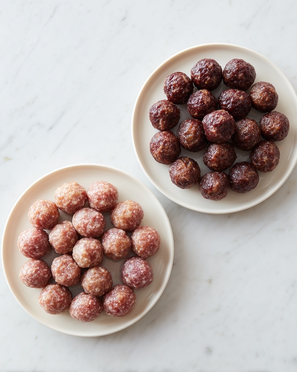 A white plate filled with two layers of small round meatballs arranged neatly in concentric circles, the meatballs in the first image are raw with a pinkish color and a slightly coarse texture. In the second image, the same plate holds cooked meatballs that are dark brown with a firmer and smoother surface. Both plates are placed on a white marbled surface, showing a clear before and after cooking comparison. photo taken with an iphone --ar 4:5 --v 7