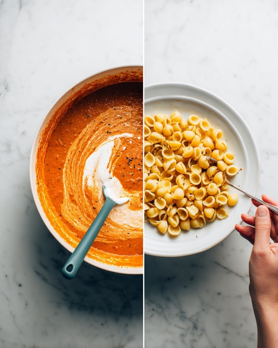 The image shows two side-by-side photos on a white marbled surface. On the left side, a white pot has orange-red sauce inside with a teal spatula resting in it, and a woman's hand is pouring creamy white liquid into the pot, adding a swirled layer to the sauce. On the right side, a woman's hand holds a white plate with small, round, yellow pasta shells being poured into the same orange-red sauce in the pot. The sauce looks creamy, with some darker specks inside. Photo taken with an iphone --ar 4:5 --v 7