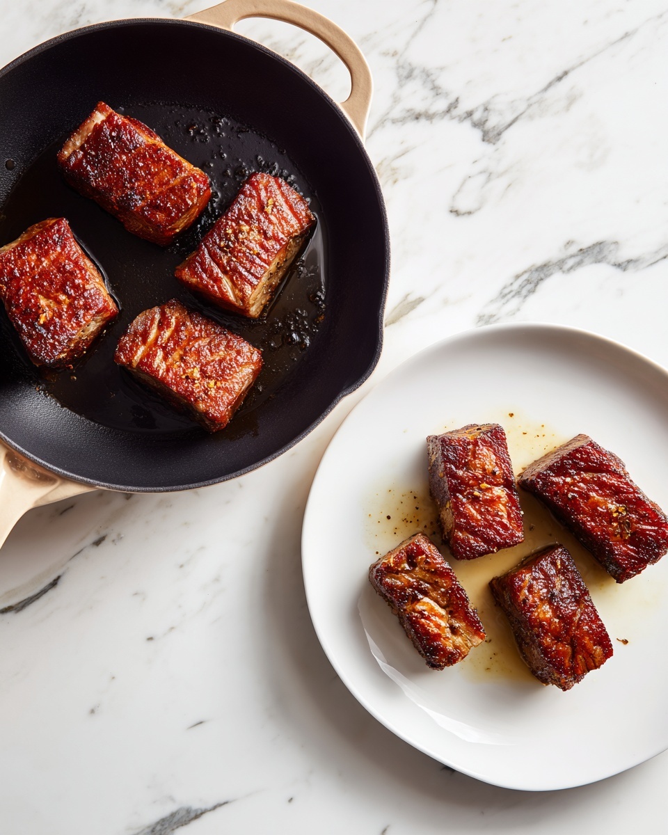 The image shows two separate views of cooked meat pieces. On the left, six rectangular meat pieces with a reddish-brown crust are placed inside a black cast iron skillet with a beige handle, resting on a white marbled surface. On the right, the cooked meat has a dark golden brown, slightly crispy texture, and is arranged in a circular pattern on a white plate, also set against a white marbled surface. The pieces have a seared look with visible spices and juice on the plate. photo taken with an iphone --ar 4:5 --v 7