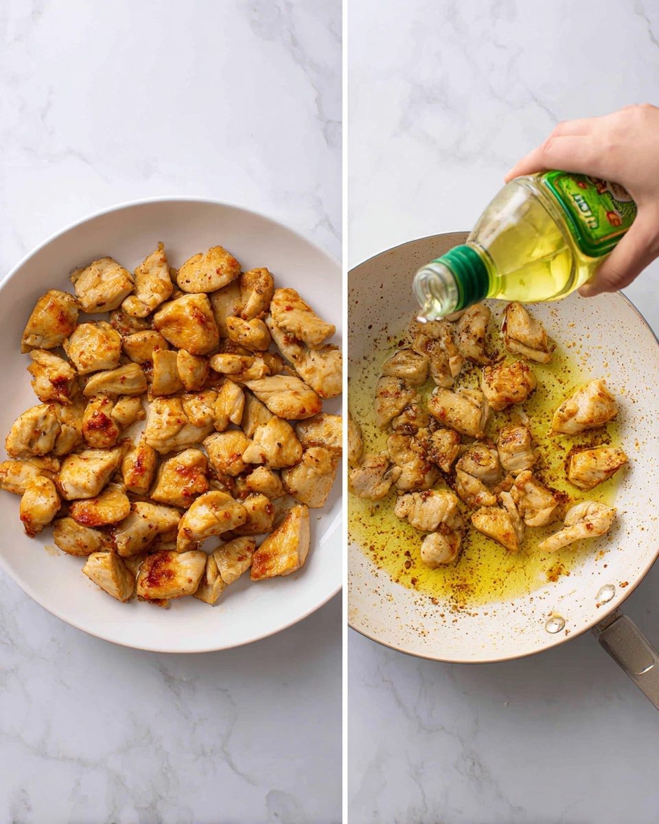 The image on the left shows a white plate filled with golden-brown cooked chicken pieces, arranged closely together, with a slight crispy texture on the surface. The plate rests on a white marbled background. The image on the right shows a white pan with brown bits stuck on the bottom, with a woman’s hand pouring a clear liquid from a green bottle into the pan. The pan is also sitting on a white marbled surface. photo taken with an iphone --ar 4:5 --v 7
