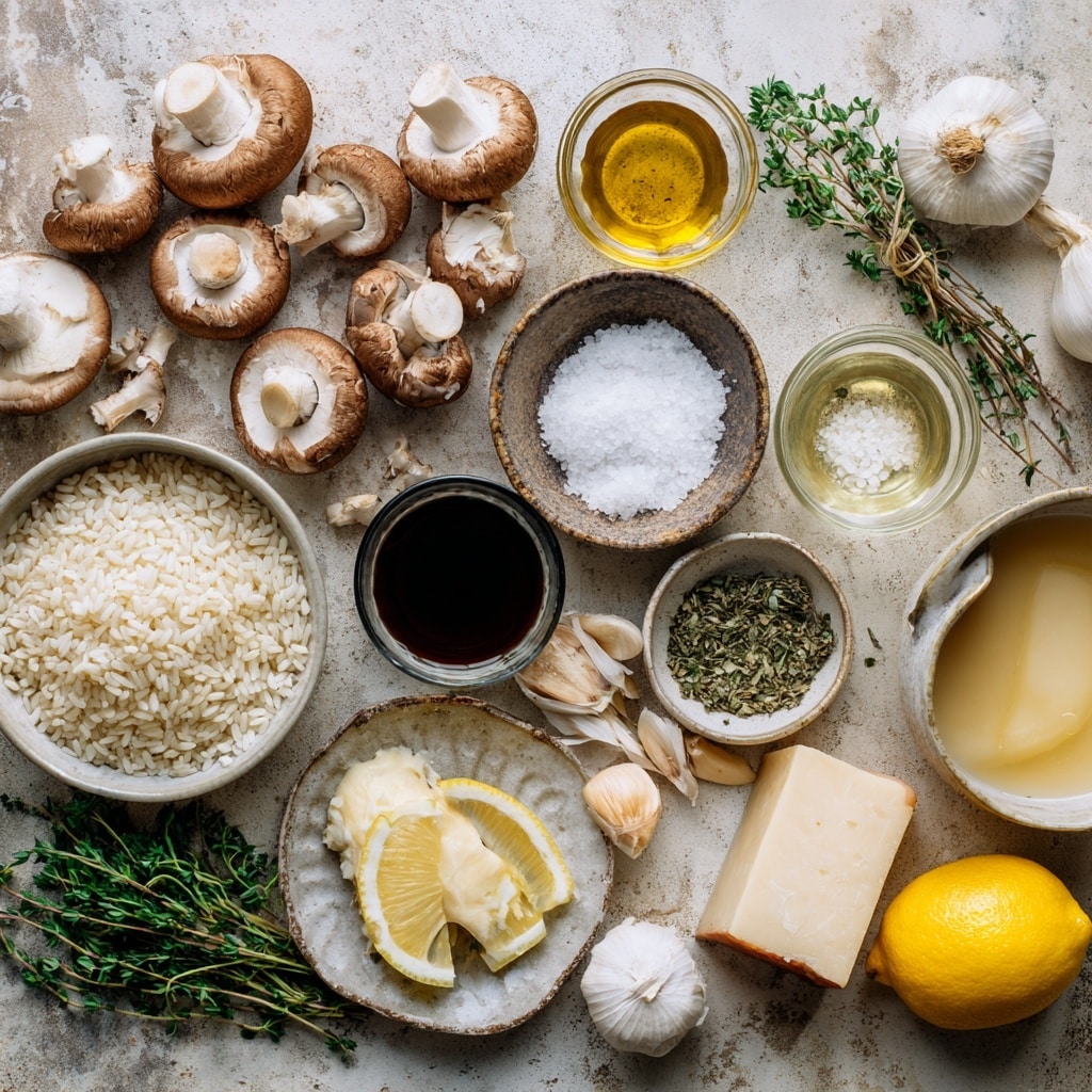The image shows two beige pans on a white marbled surface. The left pan contains small pieces of cooked dark brown mushrooms mixed with a green twig, stirred with a black spatula. The right pan holds small dry white grains spread evenly with a light brown liquid being poured on one side, creating a contrast in texture and color. photo taken with an iphone --ar 4:5 --v 7
