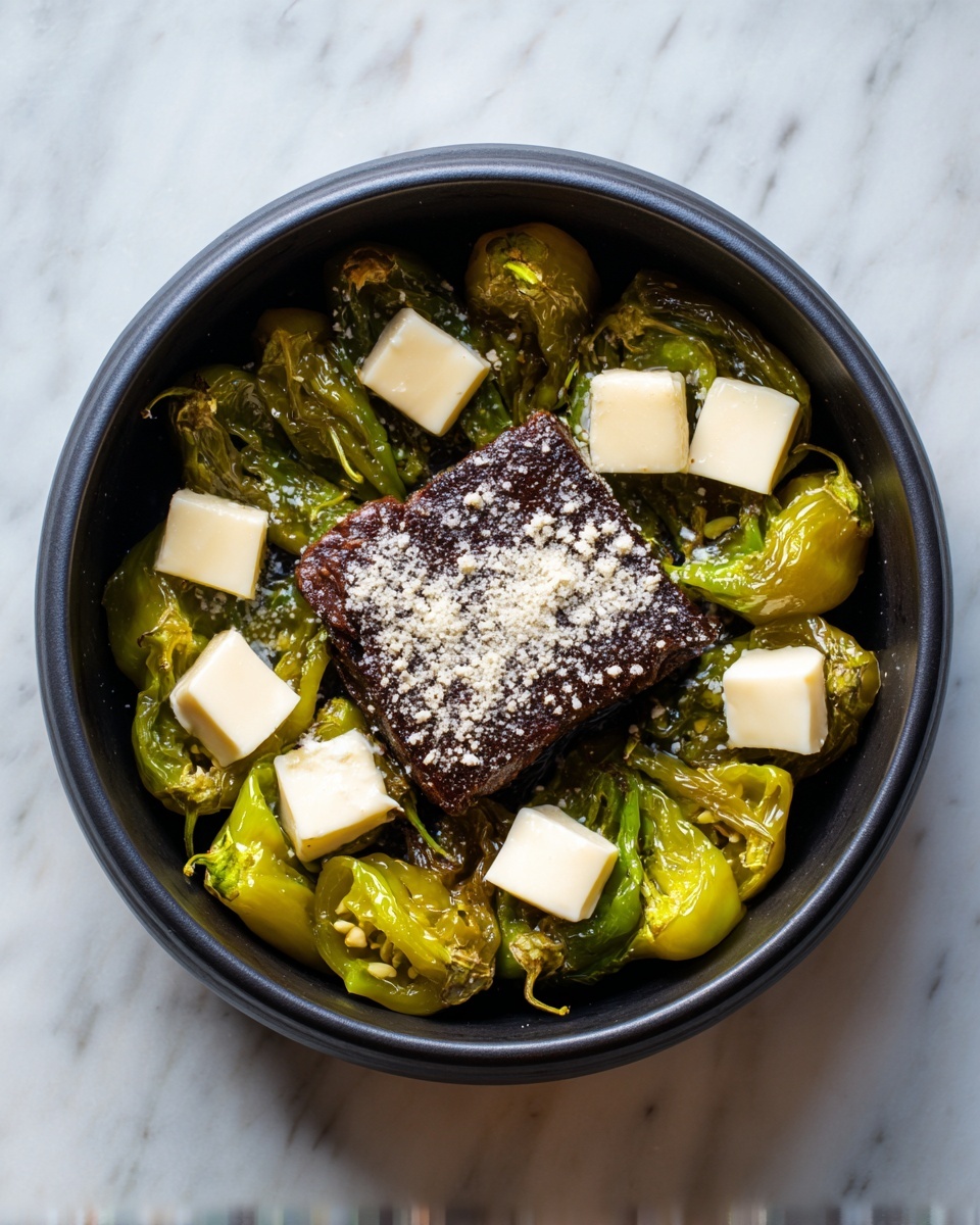 The dish is shown inside a black round pot placed on a white marbled surface. The bottom layer consists of several green-yellow pepperoncini peppers arranged around the edges. In the center, there is a dark brown rectangular piece of meat sprinkled lightly with white powder. On top of the meat, there are evenly spaced small white square pieces, which appear to be pats of butter. The simple mix of colors includes green-yellow peppers, dark brown meat, white powder, and pale yellow butter pieces. Photo taken with an iphone --ar 4:5 --v 7