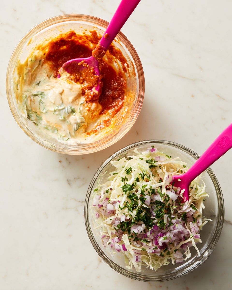 Two glass bowls sit on a white marbled surface, each containing different stages of food preparation. The left bowl has three layers: a creamy white thick layer on the left, a shiny light yellow layer around it, and a thick red sauce layer on the right side, with a bright pink spoon resting on the red sauce. The right bowl contains more layers: a base of shredded white cabbage filling most of the bowl, topped with finely chopped dark green herbs and finely chopped light purple onions, with the same bright pink spoon resting partially on the cabbage and herbs. Both bowls have clear, smooth textures visible under the ingredients, and the white marbled surface adds a clean look to the scene. photo taken with an iphone --ar 4:5 --v 7
