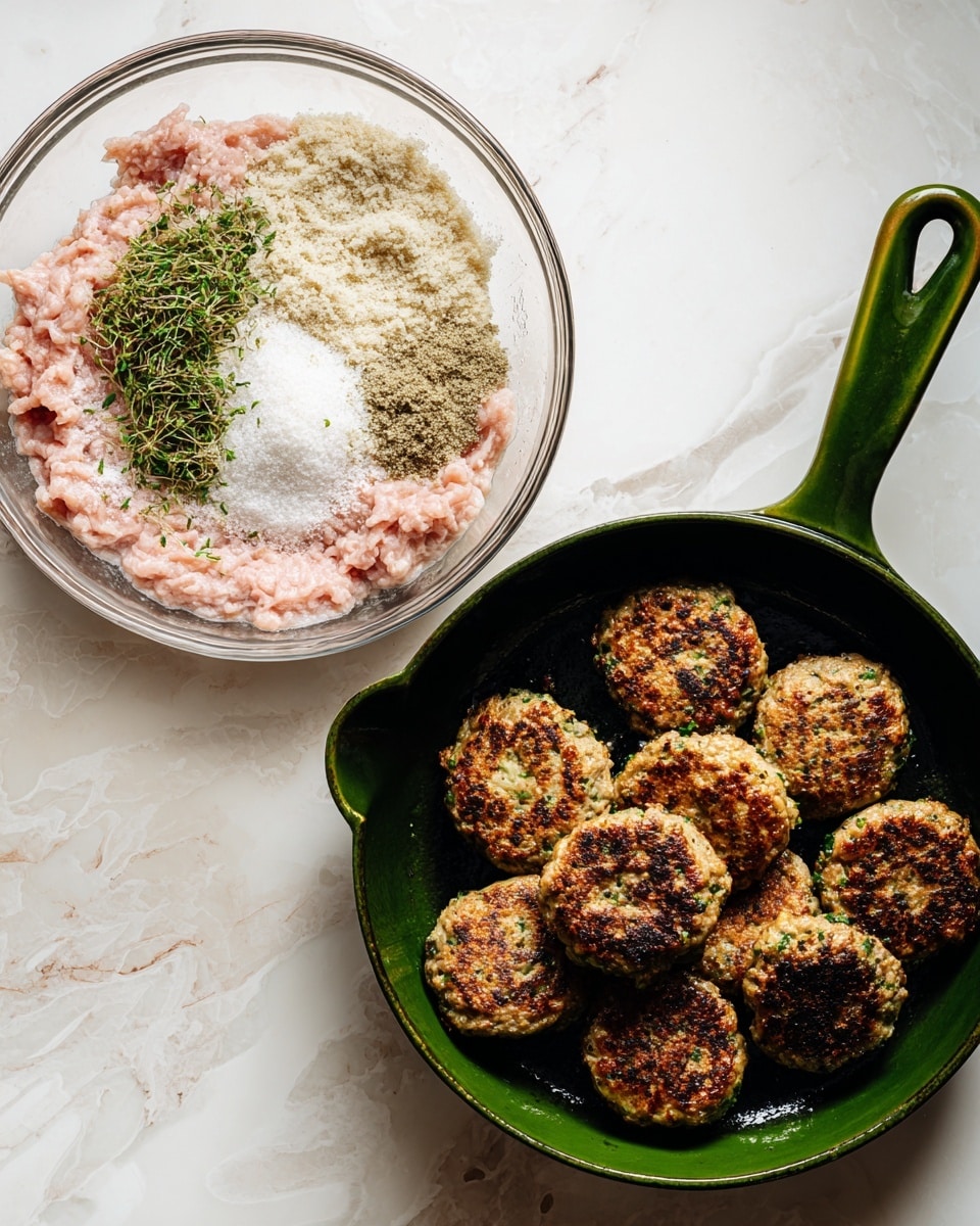 The image shows two side-by-side scenes on a white marbled surface. On the left, there is a clear glass bowl with a mixture of ingredients inside: a pale pink layer of raw ground meat underneath, topped with three piles of dry ingredients in beige, white, and green colors, along with small green herb sprinkles spread near the top edge inside the bowl. On the right, there is a green cast iron pan with a dark interior, containing ten small round browned patties with a lightly crispy texture and some green flecks, arranged unevenly across the pan’s surface. The pan handle extends out to the lower left. Photo taken with an iphone --ar 4:5 --v 7