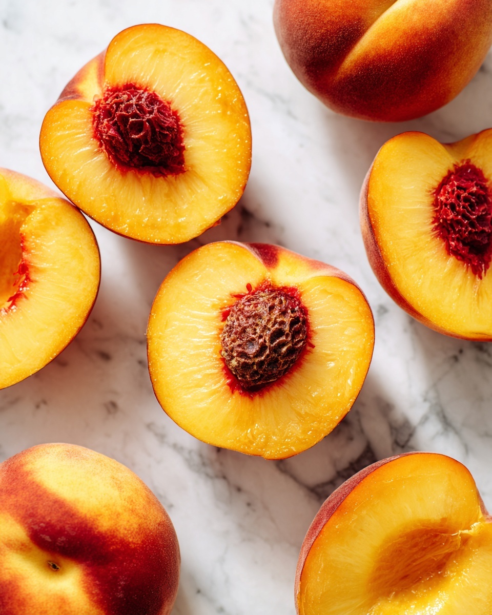 Several peach halves are placed randomly on a white marbled surface, each showing a bright yellow-orange flesh with a reddish center where the pit sits. The pits vary in texture from smooth to rough and are a dark brown color. The skin of the peaches is a deep orange with hints of red and a smooth texture. The peaches are spread out so each half is clearly visible, creating a vibrant and fresh look photo taken with an iphone --ar 4:5 --v 7