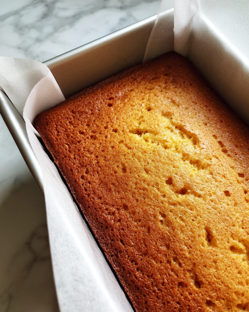 The image shows a single square piece of cake resting on white parchment paper, placed on a white marbled textured surface. The cake has two layers: the bottom layer is a soft, yellow sponge cake with a light texture, and the top layer is a smooth caramel-colored frosting with visible cracks creating a mosaic-like pattern. To the top right of the cake, there are two slices of peach with warm orange and yellow tones and a hint of red near the edges. A silver spoon lies next to the cake on the left side. Photo taken with an iphone --ar 4:5 --v 7