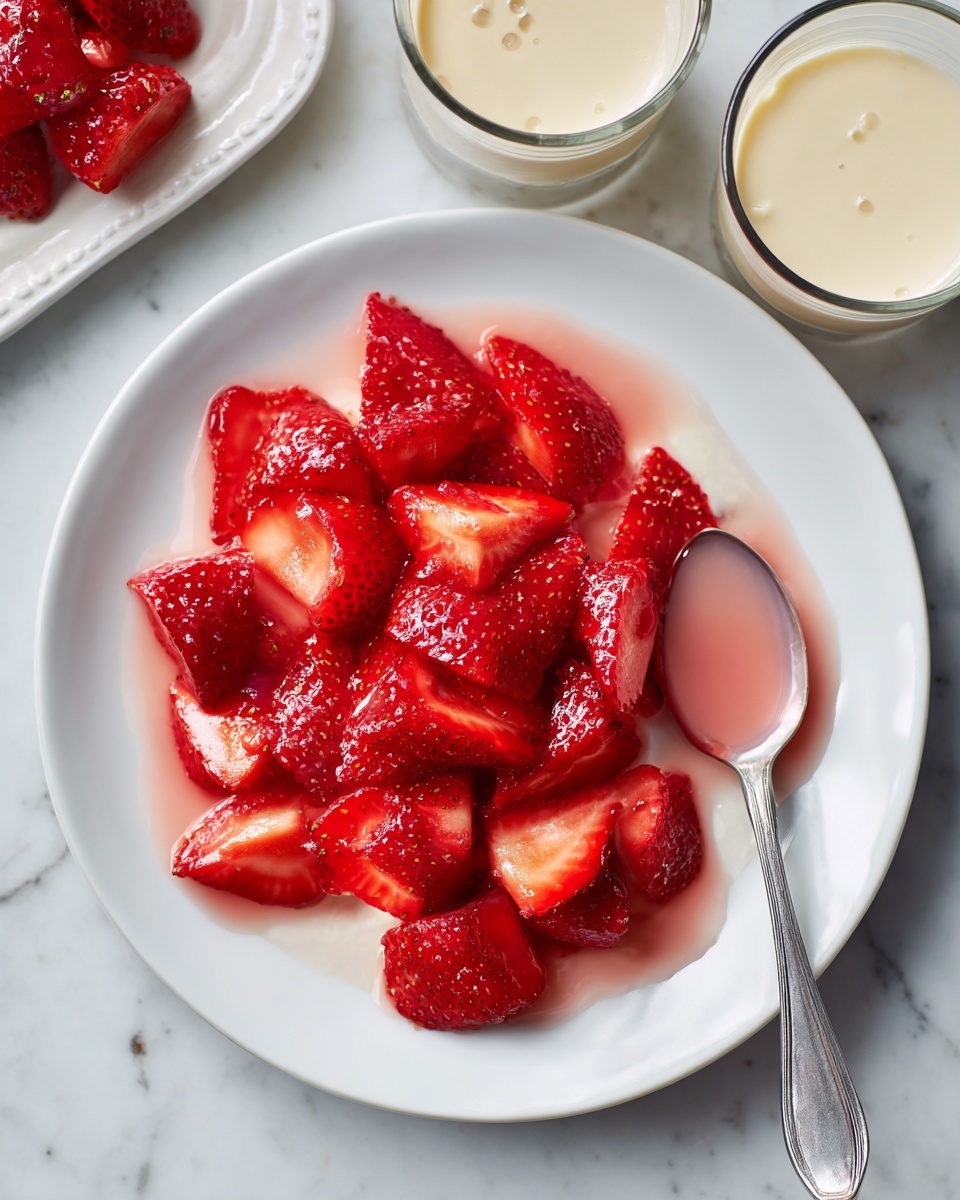 The image shows a white plate filled with bright red sliced strawberries, each piece glossy and fresh. The strawberries are wet with a light pink syrup pooling slightly on one side of the plate. A silver spoon rests on the right edge of the plate, partially dipped in the syrup. In the background, there are two clear glass dessert cups filled with light beige creamy mousse, placed on a white tray. The entire scene is set on a white marbled surface. Photo taken with an iphone --ar 4:5 --v 7