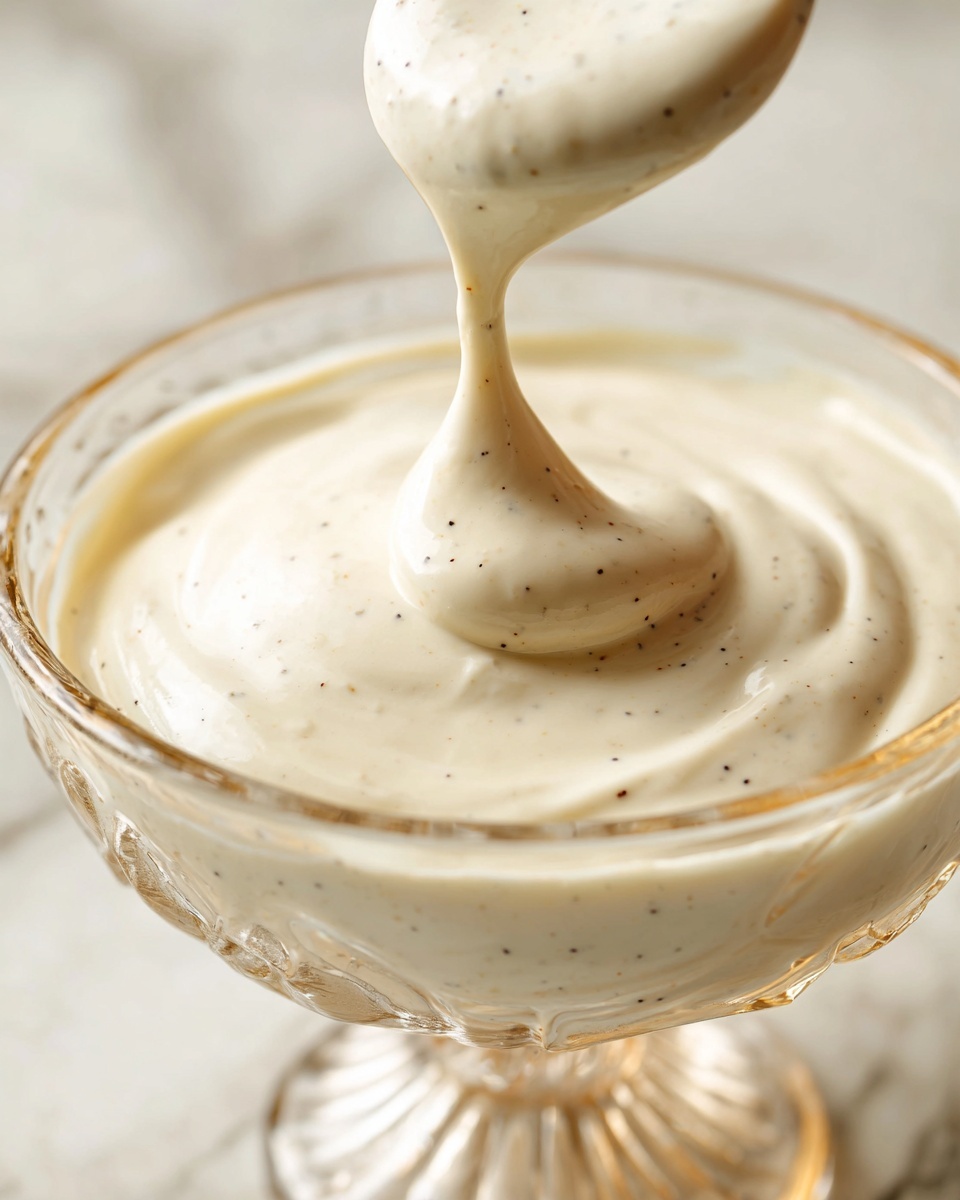 A close-up view of a single layer of thick, creamy white sauce with tiny black specks being lifted from a clear, decorative glass bowl with a stem. The sauce looks smooth and slightly shiny with a soft, flowing texture, forming a small peak where it falls back into the bowl. The background features a white marbled texture, keeping the focus on the sauce and the glass bowl. photo taken with an iphone --ar 4:5 --v 7