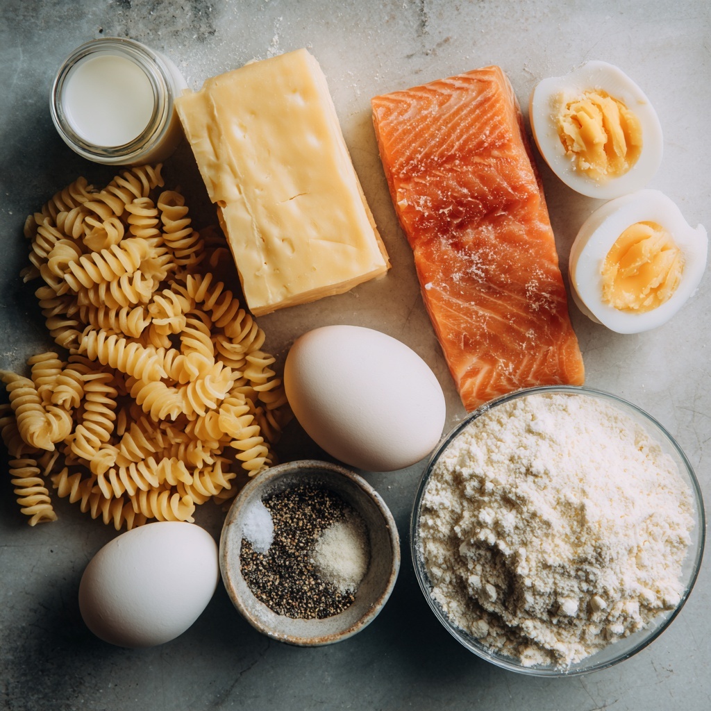 A white bowl filled with creamy baked pasta made of curved macaroni covered with melted, slightly browned cheese. Mixed within the pasta are small pieces of light-colored meat. On top, the dish is decorated with several quartered boiled eggs, showing firm white and bright yellow yolks. The bowl is placed on a white marbled surface with a small clear bowl of brown spice powder and a light green cloth nearby. Photo taken with an iphone --ar 4:5 --v 7
