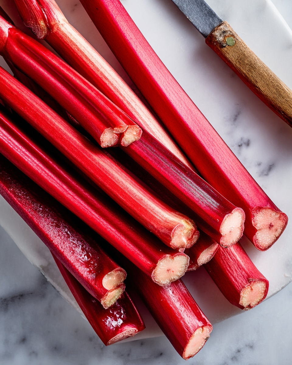 A close-up image shows a pile of bright red rhubarb stalks placed on a white marbled surface. The stalks are stacked unevenly, displaying their smooth, shiny surface with a few fibrous textures visible. The ends of the stalks are freshly sliced, revealing a pale, almost white interior that contrasts with the vibrant red outer skin. To the right side of the stalks, there is a small knife with a wooden handle resting on the white marbled surface. The photo taken with an iphone --ar 4:5 --v 7