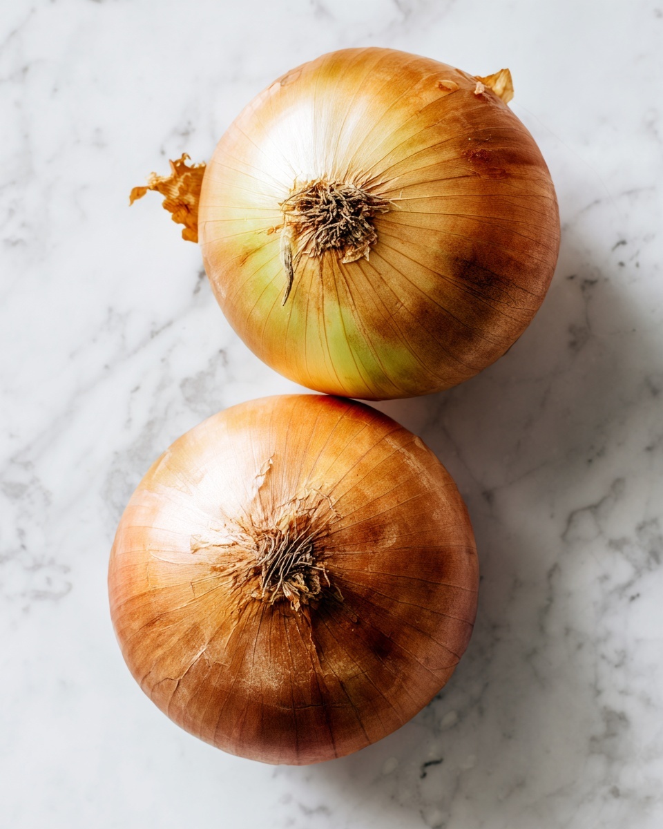 Two whole onions with dry outer skin are shown on a white marbled surface. One onion is light yellow with a faded green tint near the base, while the other is a deeper brownish-yellow color. Both onions have thin, papery layers peeling slightly at the edges, showing their rough texture. The top view shows their round shape with visible root ends in the center. photo taken with an iphone --ar 4:5 --v 7