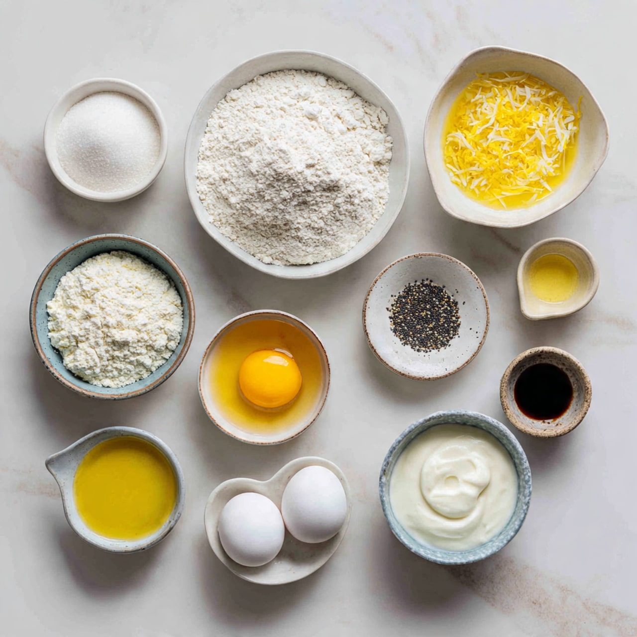 A clear glass bowl filled with a thick, light yellow batter mixed with many small black poppy seeds. The batter has a slightly uneven texture and is being stirred with a yellow spoon placed inside the bowl. Next to the bowl on a cloth with blue, orange, and white stripes, there is a green egg carton holding two brown eggs. Part of a white bowl with white cream or yogurt is also visible on the side. The whole scene is set on a white marbled surface. Photo taken with an iphone --ar 4:5 --v 7