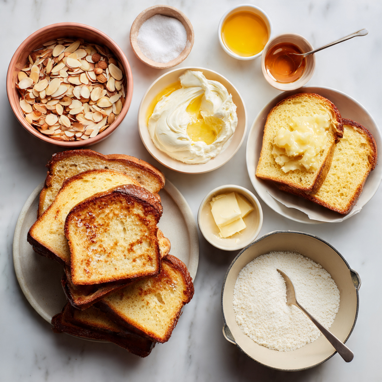 A white board holds six slices of soft, thick white bread arranged with some slices plain and some spread with a smooth, thick, pale yellow spread. Two woman's hands are visible, with one holding a spoon applying the yellow spread to a slice of bread, while the other woman's hand holds the slice steady. The background and surface are white with a marbled texture, giving a clean and simple look. photo taken with an iphone --ar 4:5 --v 7