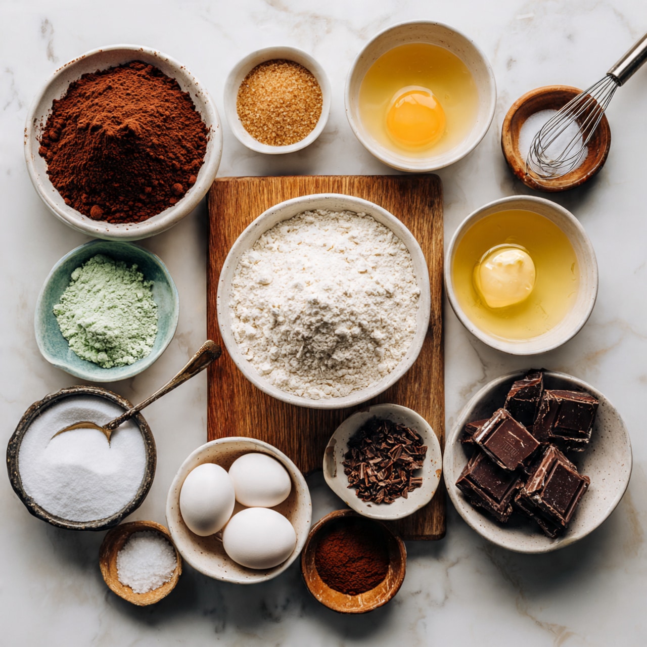 A clear glass bowl sits on a white marbled surface, filled with a dark brown, thick dough that looks crumbly and dense as the base layer. On top, there is a mix of broken pieces of dark chocolate, white chocolate, and white chocolate with red bits, creating a textured and colorful layer. A woman's hand is holding a measuring cup with a white handle decorated with colorful sprinkles, pouring this mix onto the dough, adding contrast and detail to the top layer. photo taken with an iphone --ar 4:5 --v 7