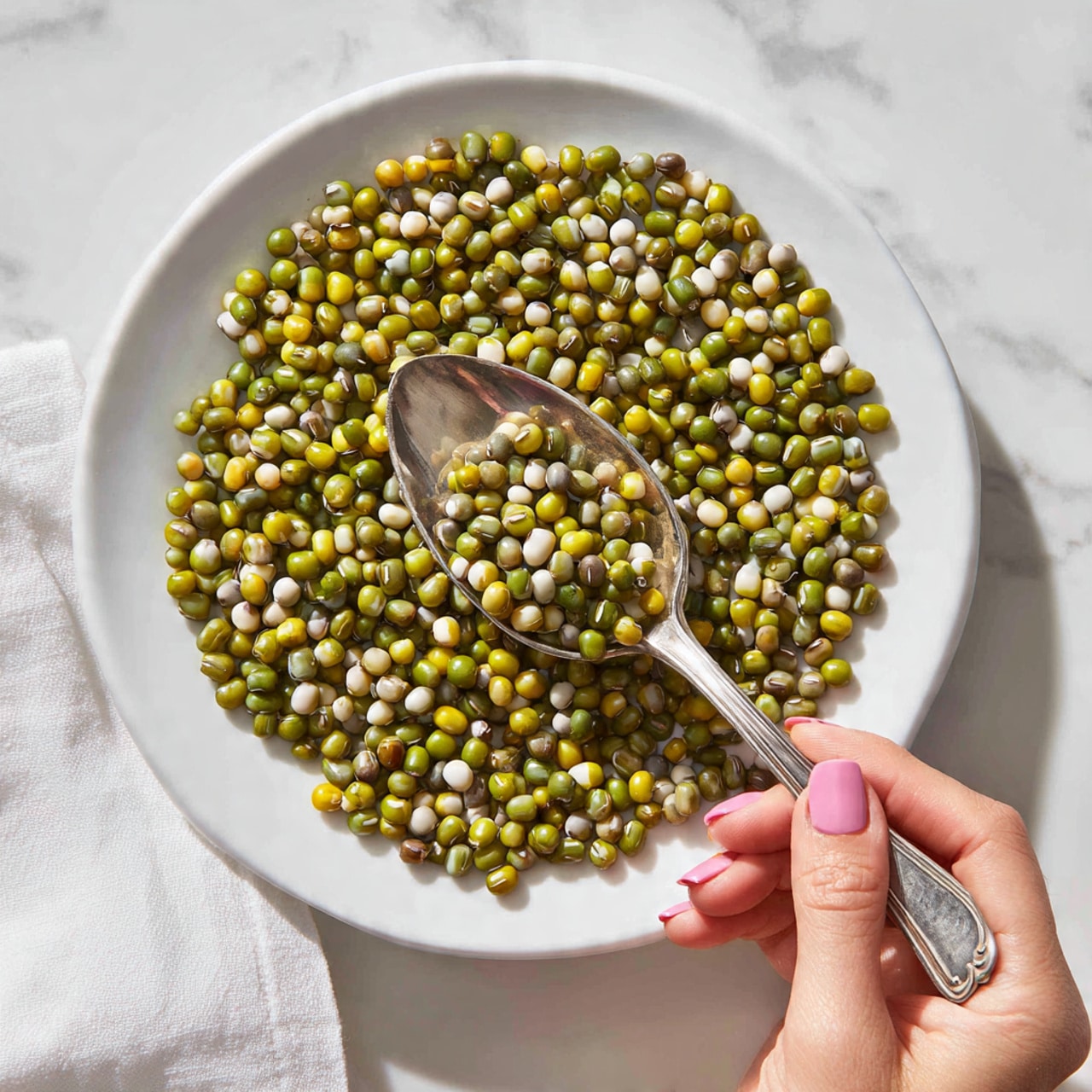 A white plate filled fully with small round green mung beans that have a smooth texture and some slight color variation in green and a few yellowish tones, with an old silver spoon scooping some beans from the middle right, held by a woman's hand with light skin and pink nail polish, all placed on a white marbled surface with a white cloth partially seen on the left side photo taken with an iphone --ar 4:5 --v 7