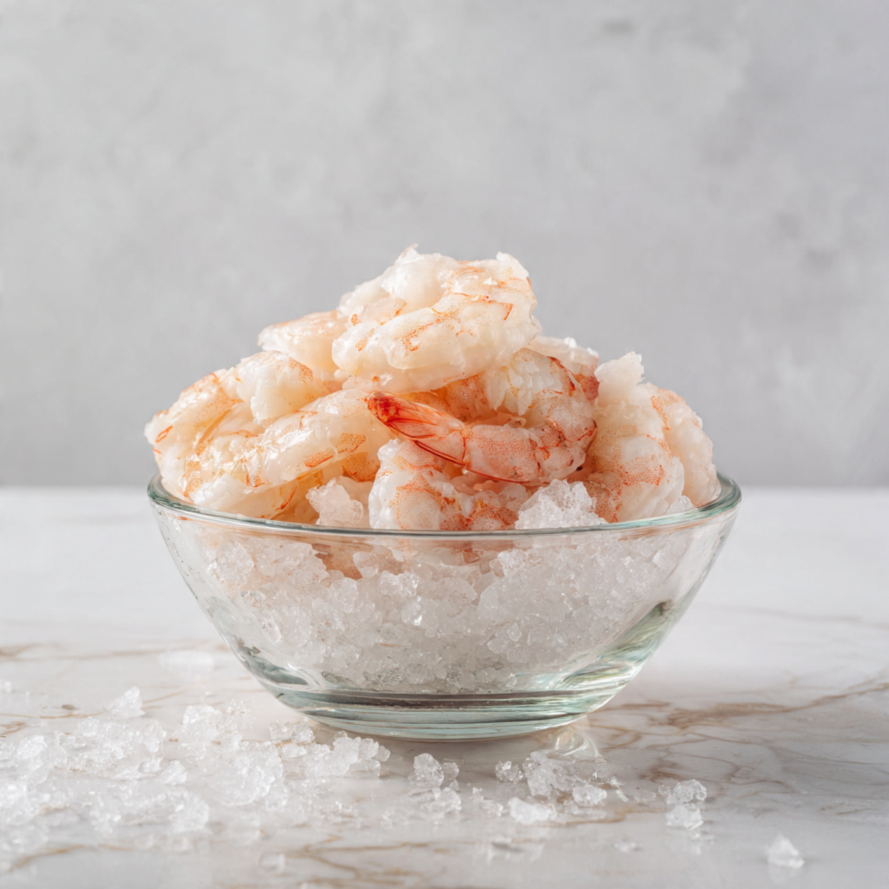 A clear glass bowl filled with creamy shrimp salad sits on a white marbled surface, showing about three layers visible through the sides; the top layer is a mix of light pink shrimp with creamy white dressing speckled with small green celery pieces and tiny red chili flakes, giving a chunky, moist texture with soft shrimp curves spread evenly throughout, while bits of yellow zest add a bright touch on top; the layers beneath show more of the creamy mixture blending with the shrimp and celery, creating a rough but creamy surface photo taken with an iphone --ar 4:5 --v 7