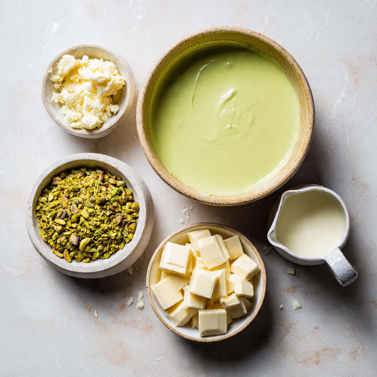 A clear glass measuring cup filled with thick green sauce showing smooth, creamy texture with small darker green specks inside. A silver blender stick is lifting the sauce, creating a thick ribbon of the green mixture that looks rich and slightly stretchy. The measuring cup is resting on a white marbled surface with red measurement markings visible on the cup’s side, showing ounces and cups. The light clear glass handle of the cup is on the right side of the image. photo taken with an iphone --ar 4:5 --v 7