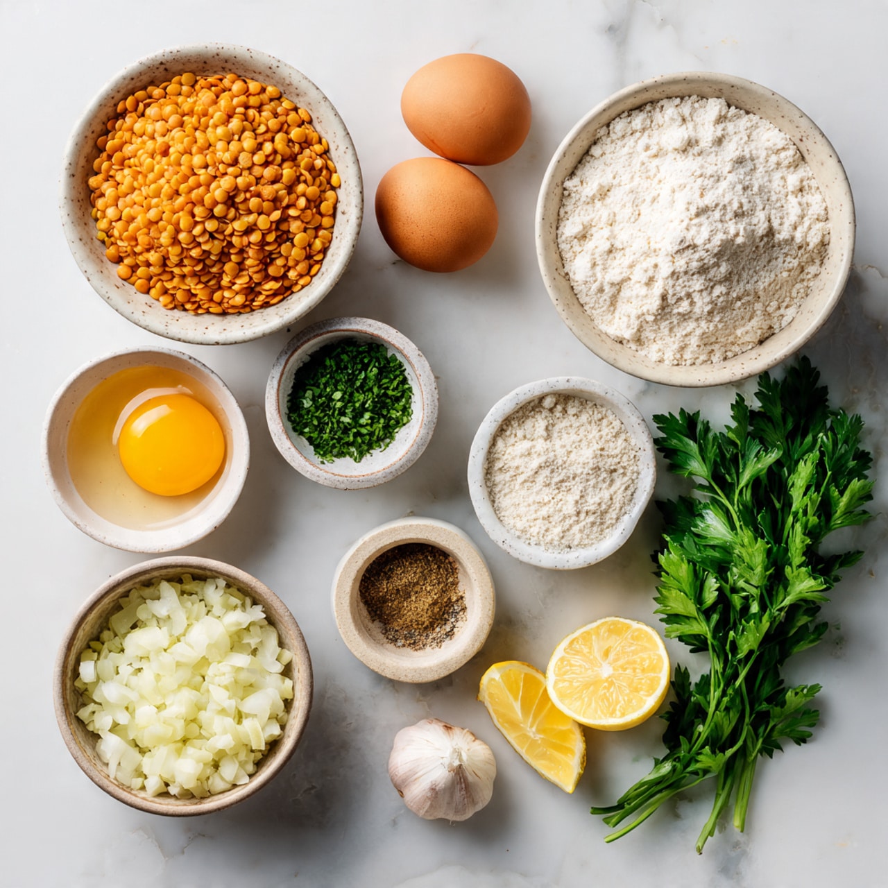 Two side-by-side photos show a food processor on a white marbled surface with a striped cloth below. On the left, the food processor holds many separate ingredients in layers: a thick pile of fine yellowish powder, chopped green leaves on the right, small white slices near the leaves, small brown beans near the middle, a chunk of purple onion on the left, and small piles of spices including a light brown powder, a darker brown powder, and a white powder near the bottom. A woman's hand with cream-colored nails holds the handle. On the right, the ingredients are all mixed into a thick, chunky brownish mixture with bits of green and purple from the herbs and onion visible in the mix. Photo taken with an iphone --ar 4:5 --v 7