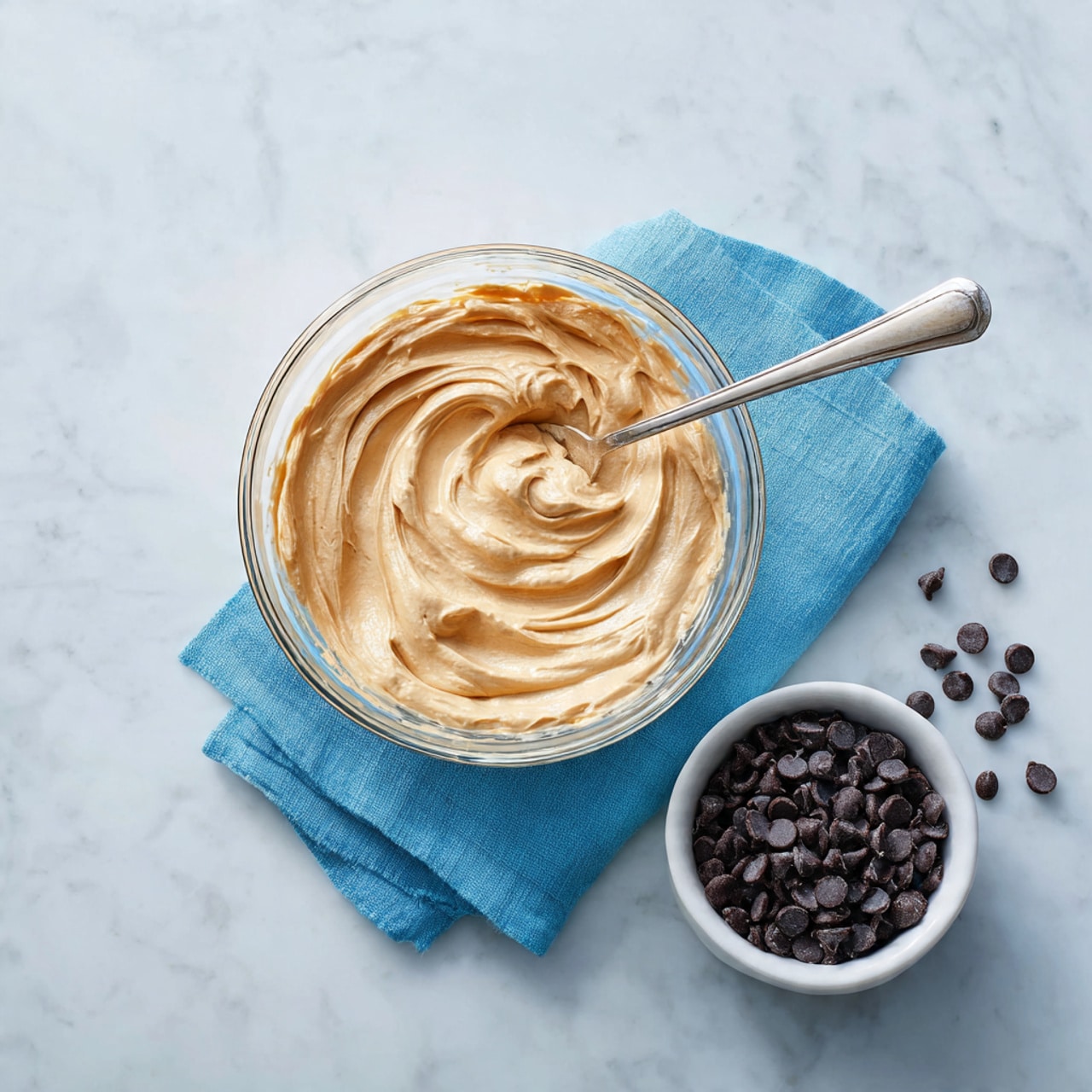 A clear glass bowl sits on a white marbled surface with a blue cloth beneath it. Inside the bowl is a smooth, light brown creamy mixture with swirls and a spoon resting in it, showing the texture and softness. Next to the bowl on the right is a small white bowl filled with dark chocolate chips. The scene is bright and clean with a simple layout. photo taken with an iphone --ar 4:5 --v 7