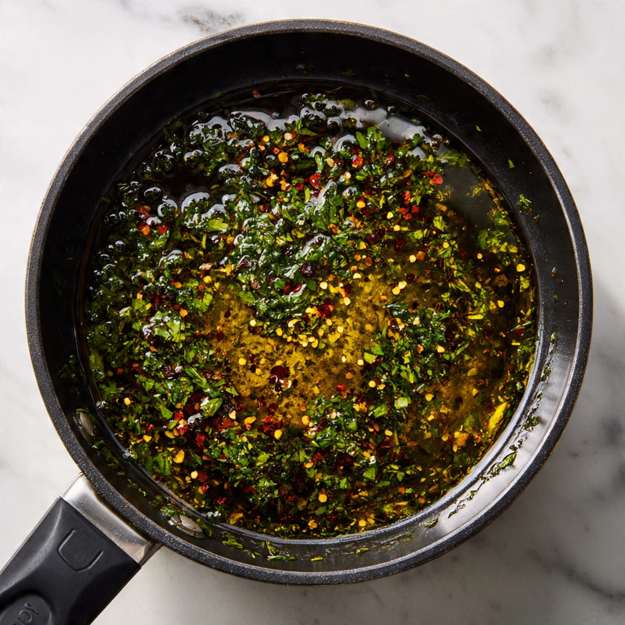 A black pan sits on a black stove with a white marbled surface below. Inside the pan is a single layer of olive oil mixed with finely chopped fresh green herbs and minced garlic pieces spread evenly over the surface. Small red pepper flakes and black pepper seeds are scattered throughout, giving specks of red and black against the green and yellowish oil. The oil has a slight shine, and the herbs look fresh and vibrant. Photo taken with an iphone --ar 4:5 --v 7