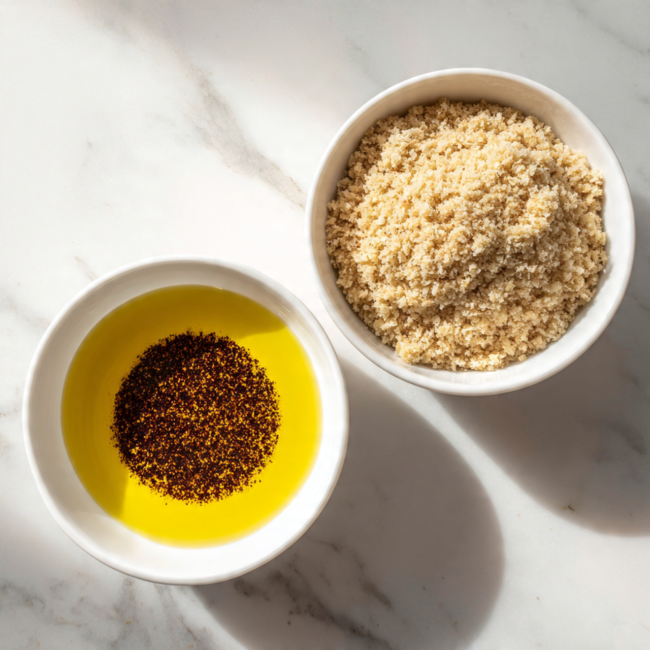 The image shows two white bowls placed on a white marbled surface. The bowl on the left contains a yellow oil with a dark brown, finely textured layer of seasoning floating in the center, creating a small pool. The bowl on the right is filled with a light beige crumbly mixture that has a soft, grainy texture and is slightly heaped above the rim. The bowls are close together, with the one holding the crumbly mixture positioned slightly higher in the frame. Photo taken with an iphone --ar 4:5 --v 7