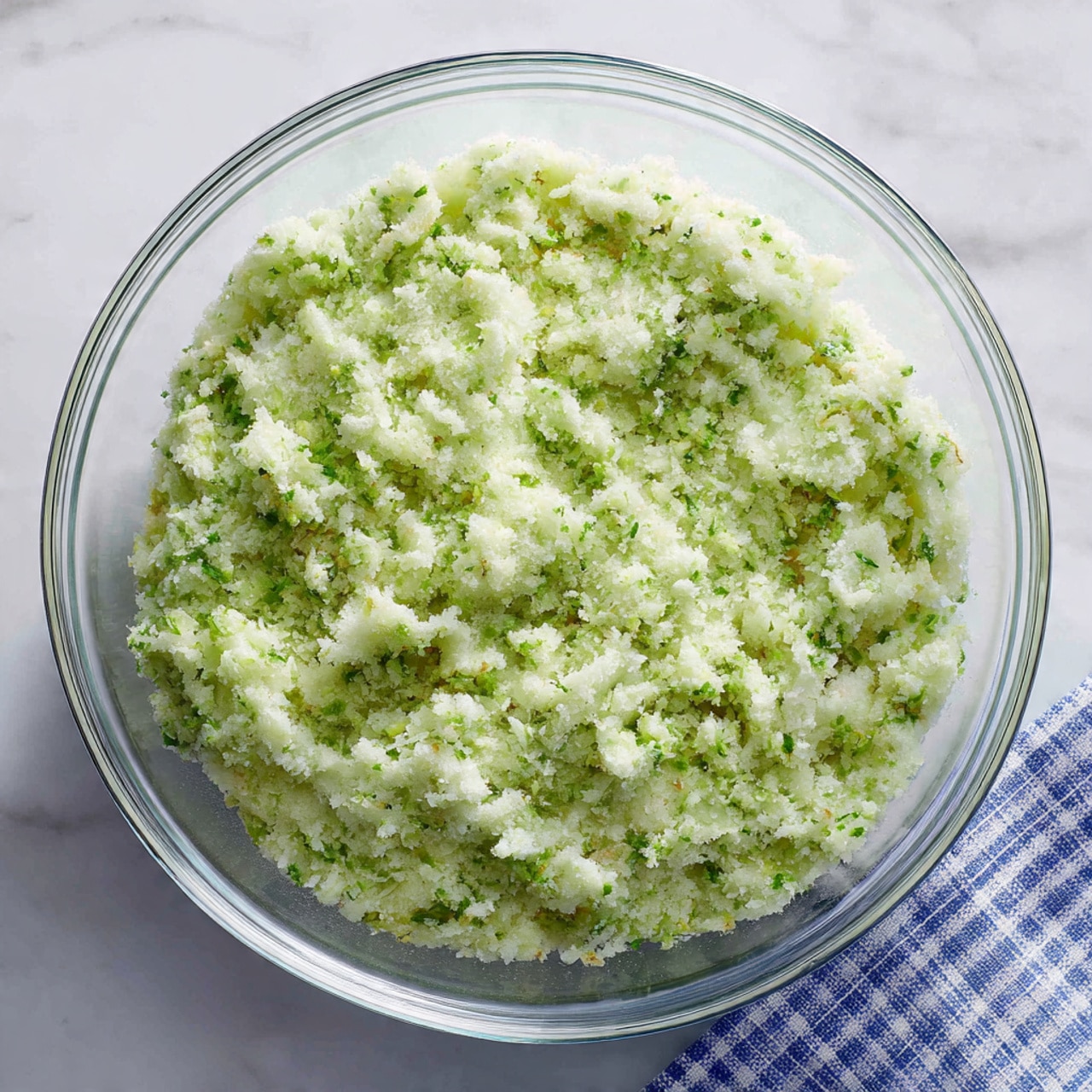 A clear glass bowl filled with a single layer of finely grated mixture that is mostly light green with small darker green flecks evenly spread throughout, giving a textured, slightly fluffy look. The bowl is placed on a white marbled surface with a small part of a blue and white checkered cloth visible in the lower right corner. The grated mixture fills the bowl to the top edge with a soft, slightly uneven surface. Photo taken with an iphone --ar 4:5 --v 7
