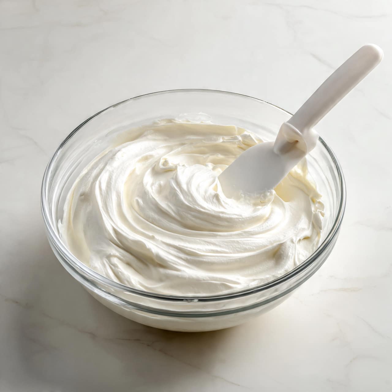 A clear glass bowl filled with a thick, smooth, and creamy white whipped mixture, with gentle swirling textures created by a white spatula resting inside. The bowl sits on a white marbled surface, and the spatula handle extends out to the right side of the image. The whipped mixture has soft peaks and a light, airy appearance. photo taken with an iphone --ar 4:5 --v 7