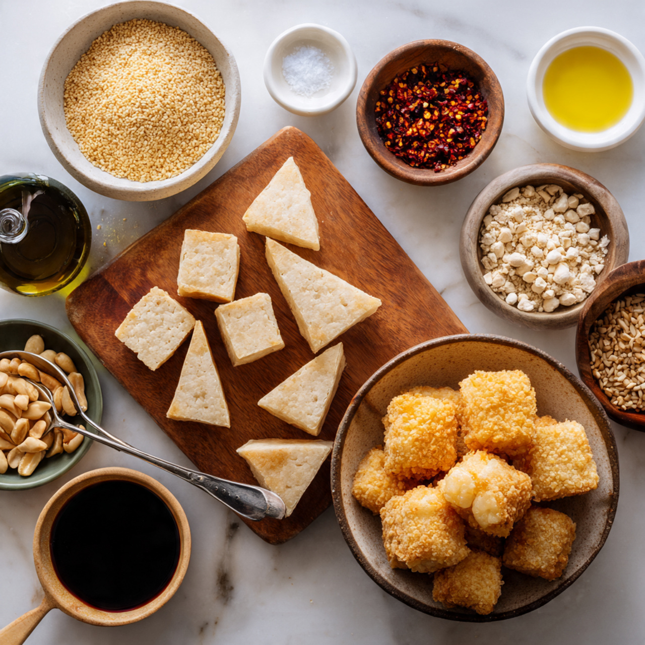 The image shows a clear glass bowl filled with a dark brown liquid layer at the bottom, topped with scattered tan crushed nuts, white sesame seeds, and small red chili flakes spread unevenly on one side. Surrounding the bowl are four small ceramic bowls with blue and grey speckled textures, each containing small amounts of different ingredients—the top bowl is empty, one on the right has brown powder, the bottom one has a few sesame seeds, and the left one holds a dark sauce. A woman's hand is partially visible holding a wooden spatula with a light pink silicone head covered lightly with a brown sticky substance, resting over a small clear glass jar. The whole scene is set against a white marbled surface. photo taken with an iphone --ar 4:5 --v 7