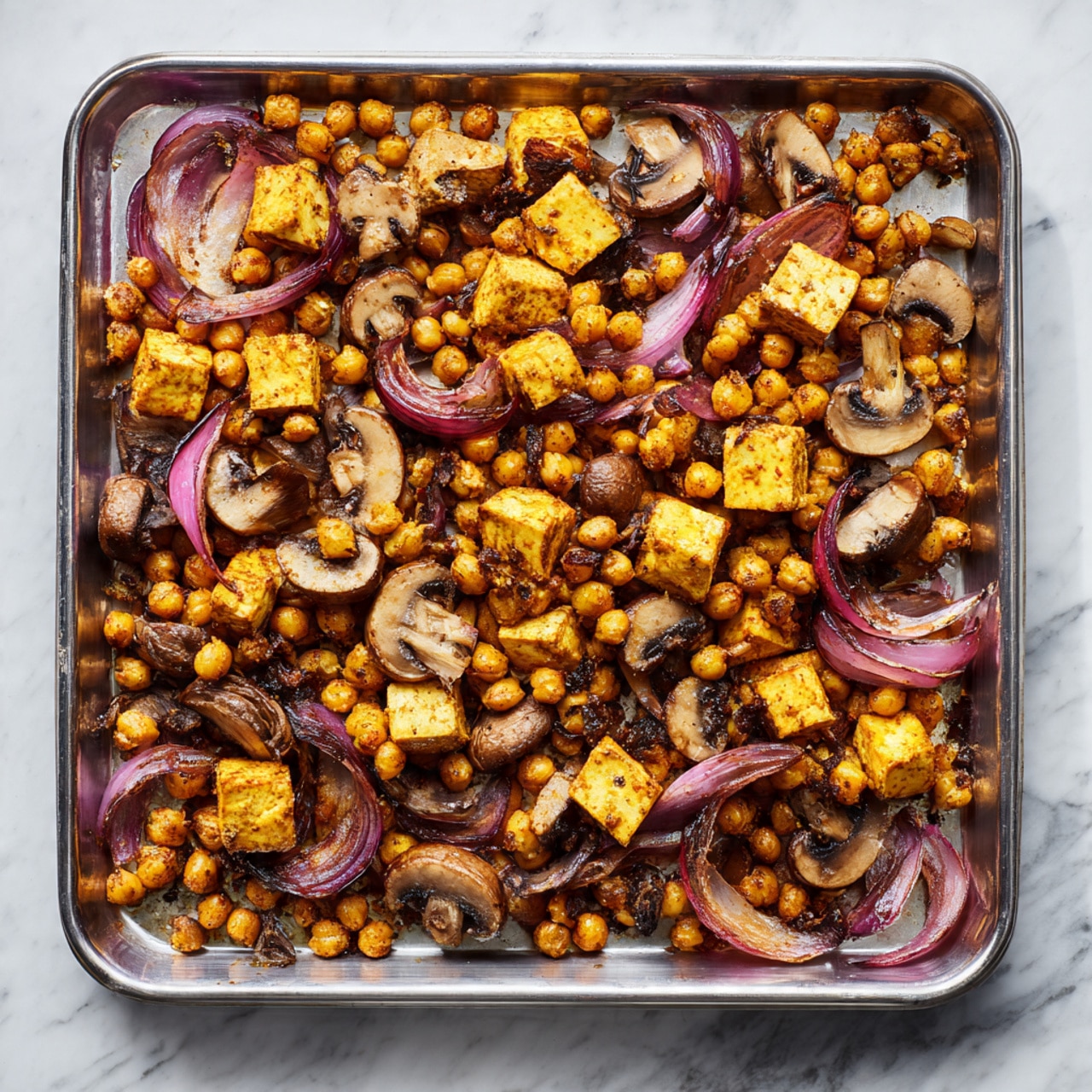 A metal tray full of roasted ingredients spread out in one layer on a white marbled surface. The tray holds golden-brown chickpeas, light brown mushrooms with varied shapes and sizes, and cubed tofu pieces that are golden yellow with some edges having darkened spots. There are also thin slices of purple-red onion scattered throughout, adding a pop of color. The ingredients have a slightly crispy texture and look coated in a light coating of seasoning that gives a warm, orange-brown tint overall. photo taken with an iphone --ar 4:5 --v 7