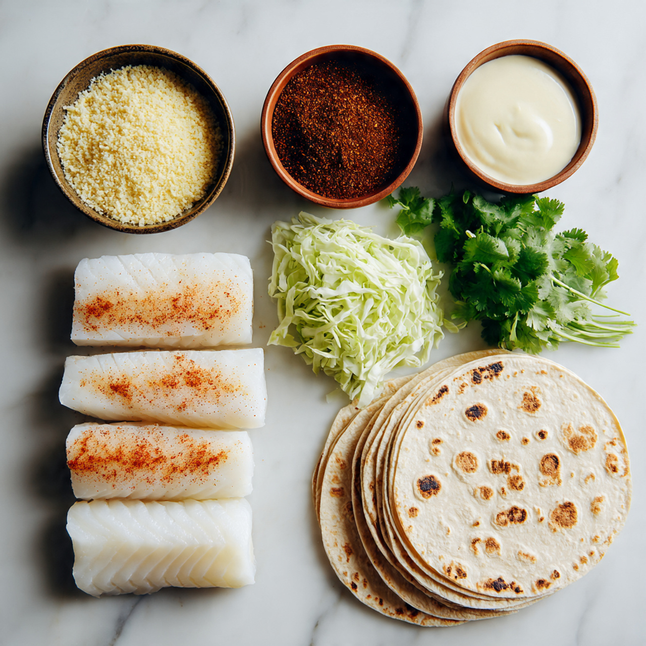 The image shows ingredients for a fish taco dish arranged neatly on a white marbled surface. On the left, there is a small bowl of light yellow crumb topping and next to it, a small bowl with a dark reddish-brown spice powder. Below these, a small pile of shredded pale green cabbage is placed. In the center, four raw white fish fillets are stacked in two rows, each seasoned lightly with the reddish-brown spice. To the right of the fish, there is a bunch of fresh green cilantro leaves. Next, two small bowls hold sauces – one white and smooth, the other light yellow and creamy. On the far right, there is a neat stack of white tortillas with slight brown spots. The colors and layers are clearly separated. photo taken with an iphone --ar 4:5 --v 7
