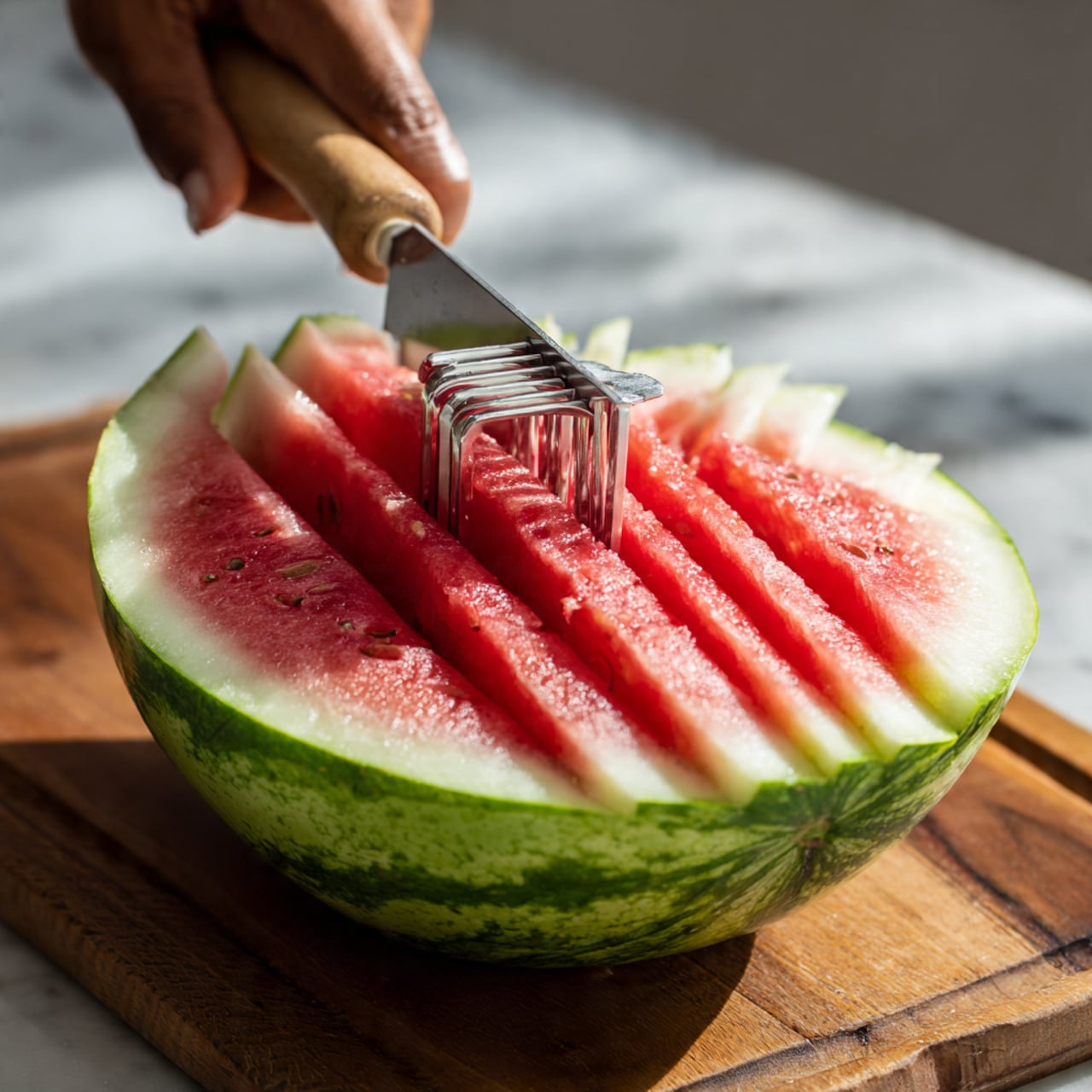 A close-up view of a large slice of watermelon being sliced with a crinkle cutter, held by a woman's hand gripping the wooden handle. The watermelon slice shows three layers: the outer green rind, a middle white layer, and a thick inner red flesh with small light seeds. The piece is placed on a wooden cutting board with a warm brown tone, and the surface underneath has a white marbled texture. The crinkle cutter creates evenly spaced wavy cuts through the pink-red flesh and partially through the white rind, making thin strips that remain connected at the base. photo taken with an iphone --ar 4:5 --v 7
