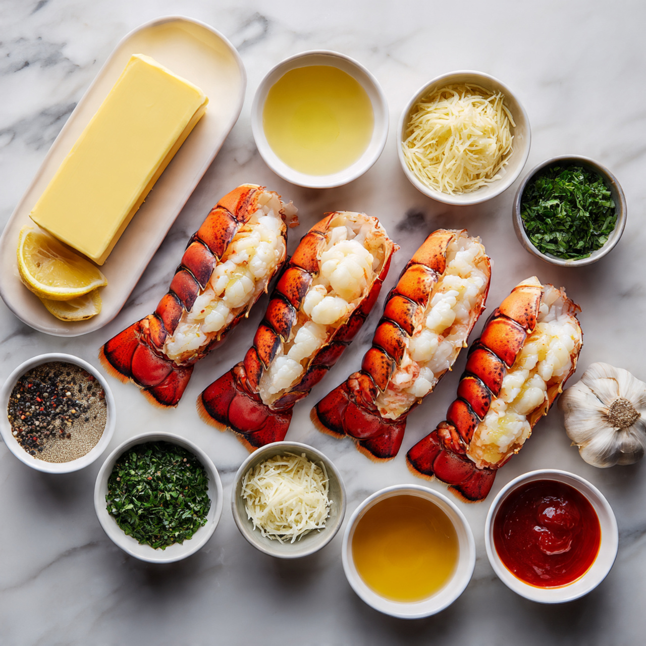 The image shows four halves of lobster served on a white oval plate with a slightly worn rim. Each lobster half has a reddish-brown shell and is topped with a layer of melted white cheese sprinkled with small green herb pieces. The cheese looks lightly browned and bubbly in some spots, covering the lobster meat underneath. On the left side of the plate, there are three grilled lemon halves with crusty, dark brown grill marks. The plate is placed on a white marbled surface, with hints of a blue cloth and a glass container in the background. photo taken with an iphone --ar 4:5 --v 7